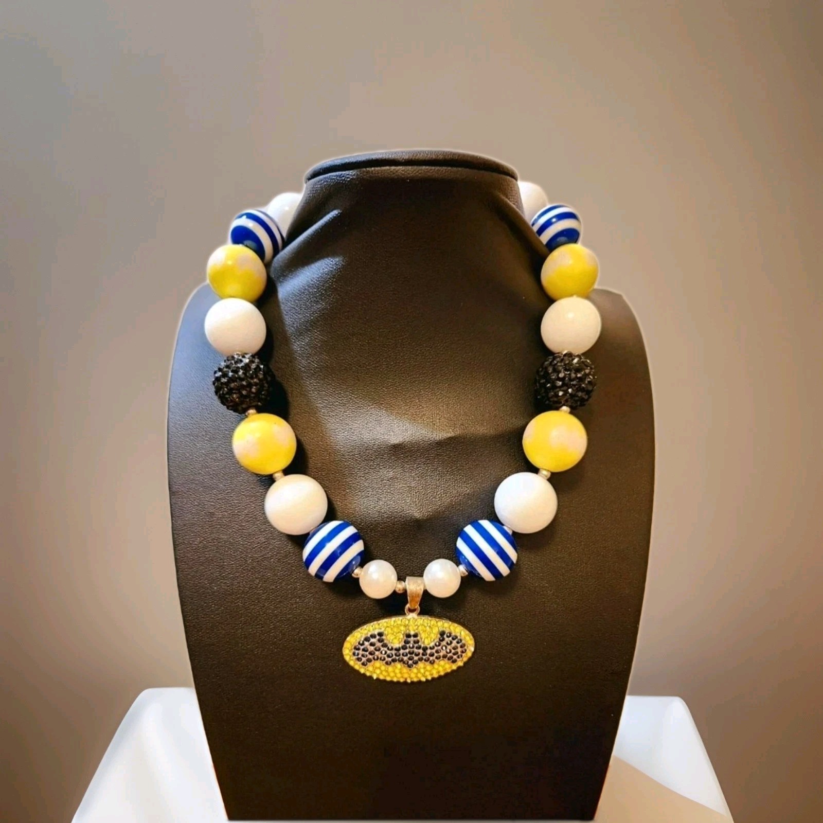 Vintage Authentic Batman Round Blue Yellow White Beaded Necklace With Pendant