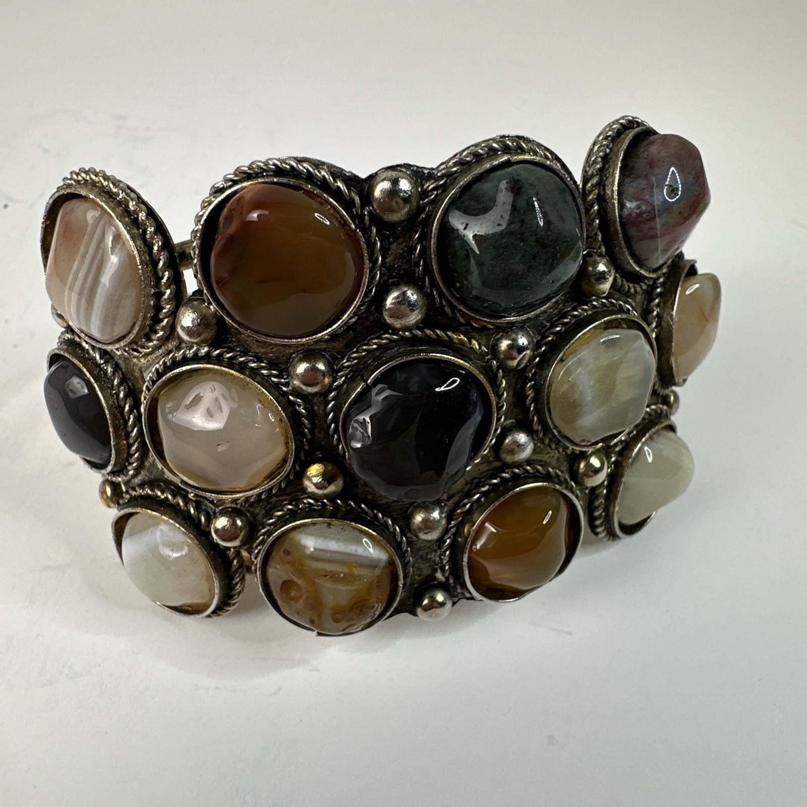 Vintage Multi Stone Agate Cuff Bracelet Silver Tone Cluster Boho Artisan