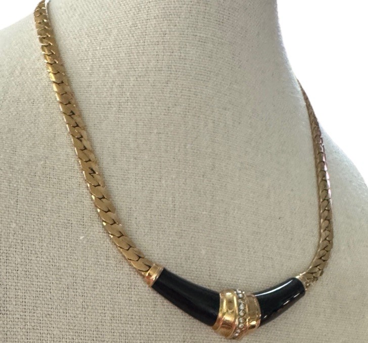 CHRISTIAN DIOR Black Enamel Sparkling Ice Rhinestone Vintage Necklace