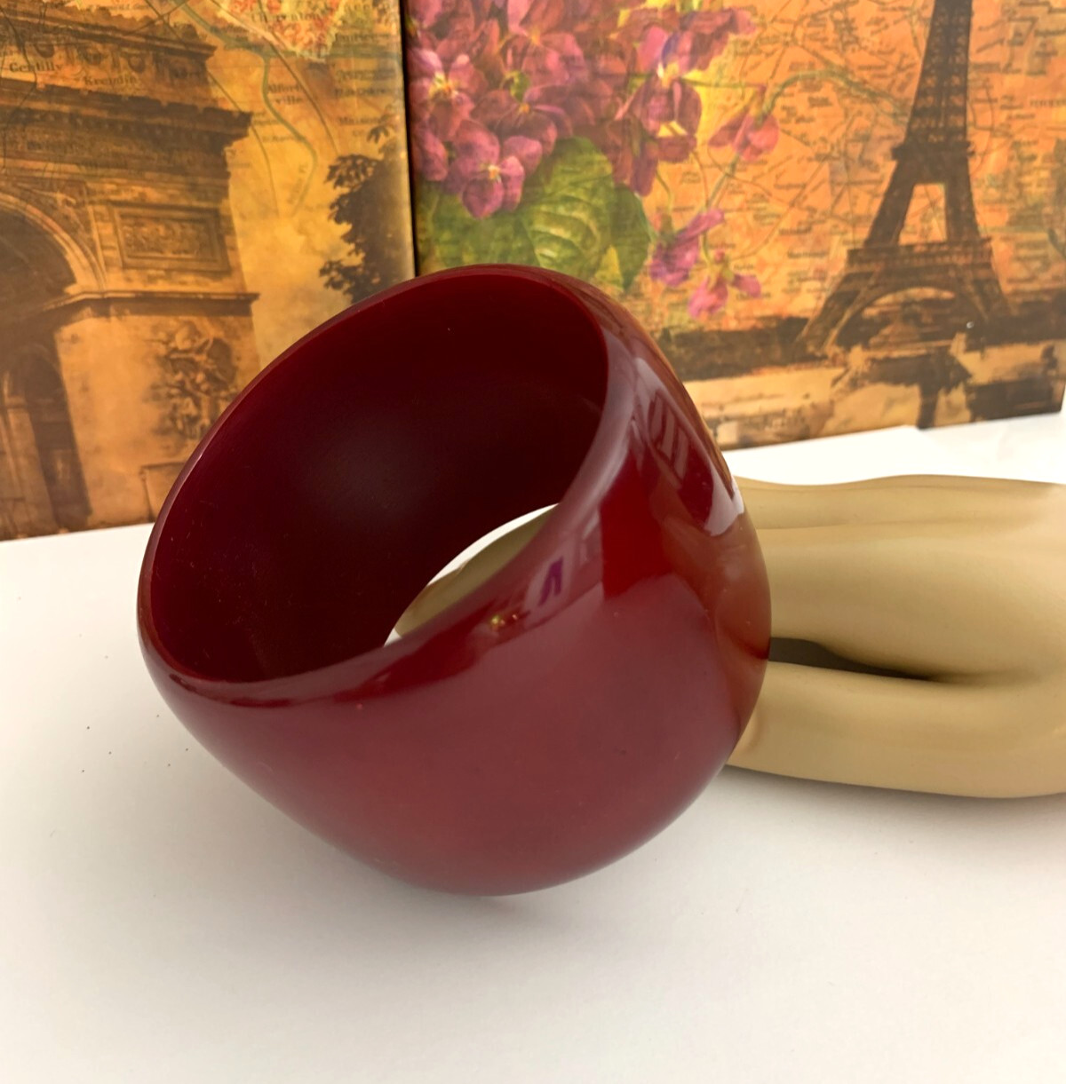 Marion Godard Paris Lucite Bangle Bracelet Burgundy Polished Finish Chunky Wide