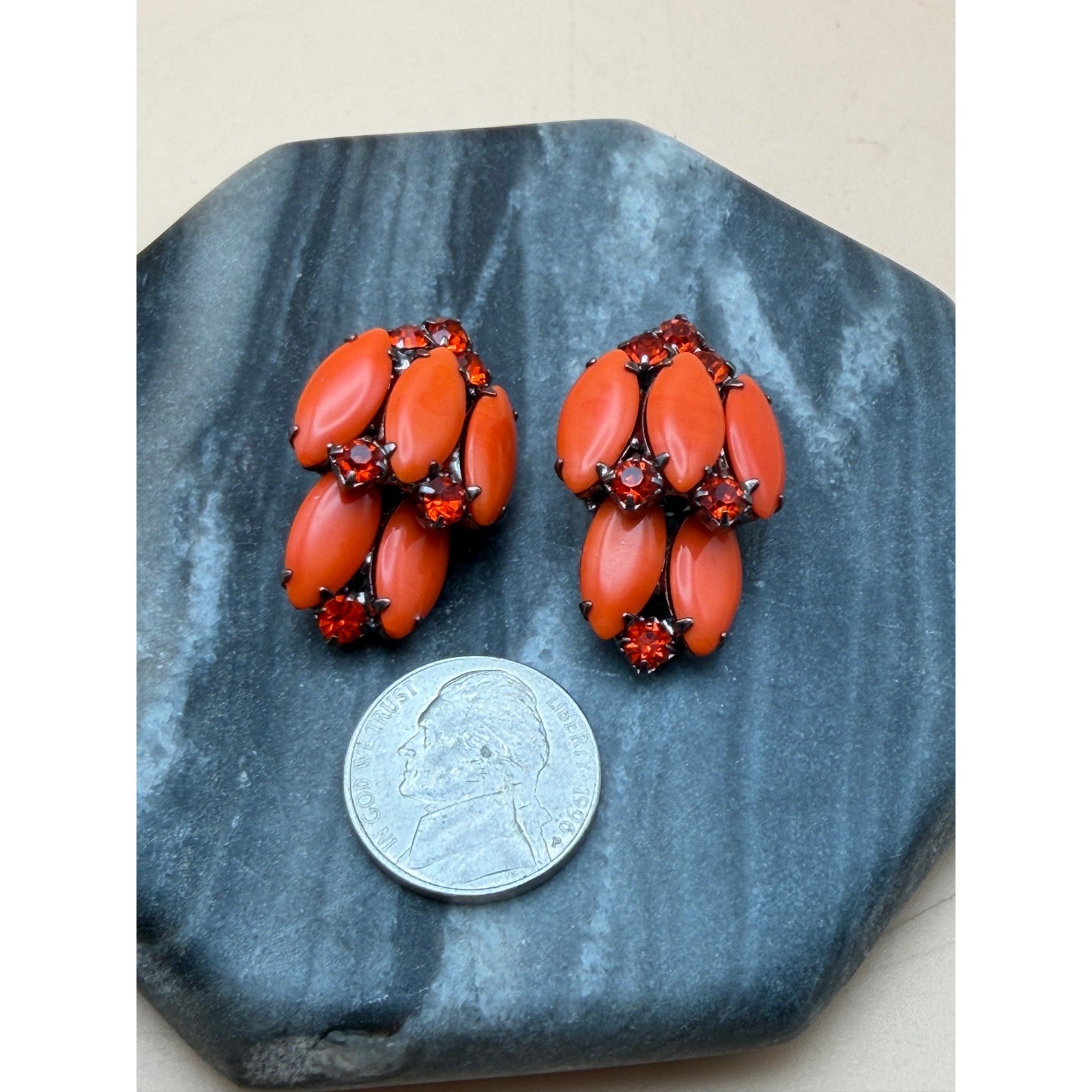 Vintage Orange Cabochon Red Rhinestone Cluster Clip On Earrings MCM Retro