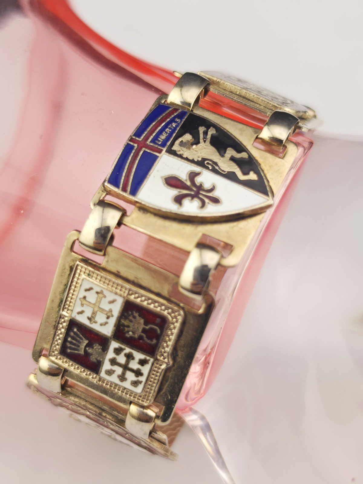 Vintage French Souvenir Bracelet 7″ Colorful Heraldic Cloisonne Enamel Panels