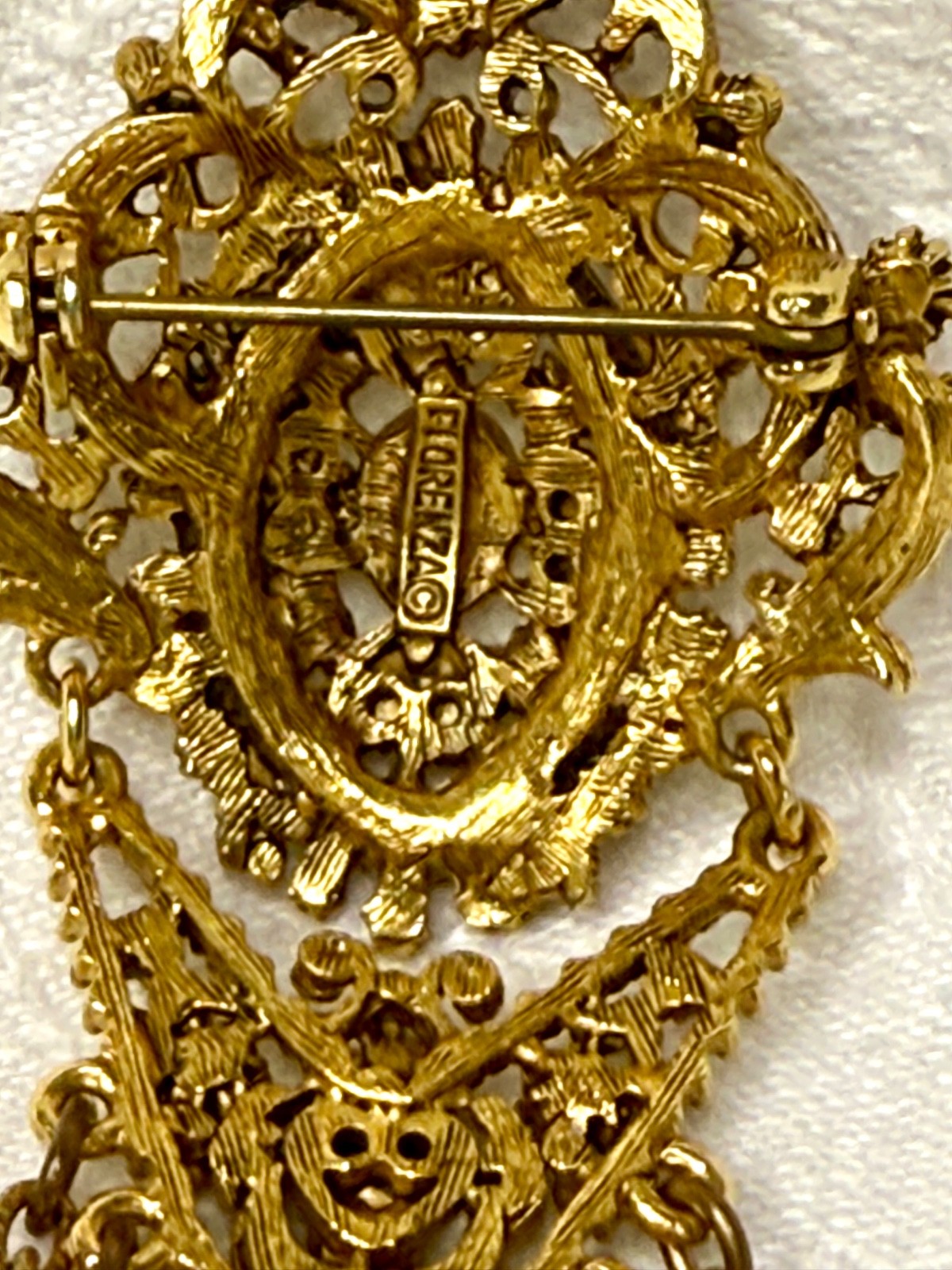 Vintage Florenza Filigree Brooch • Gold-Tone Fringe • Turquoise/Opalette