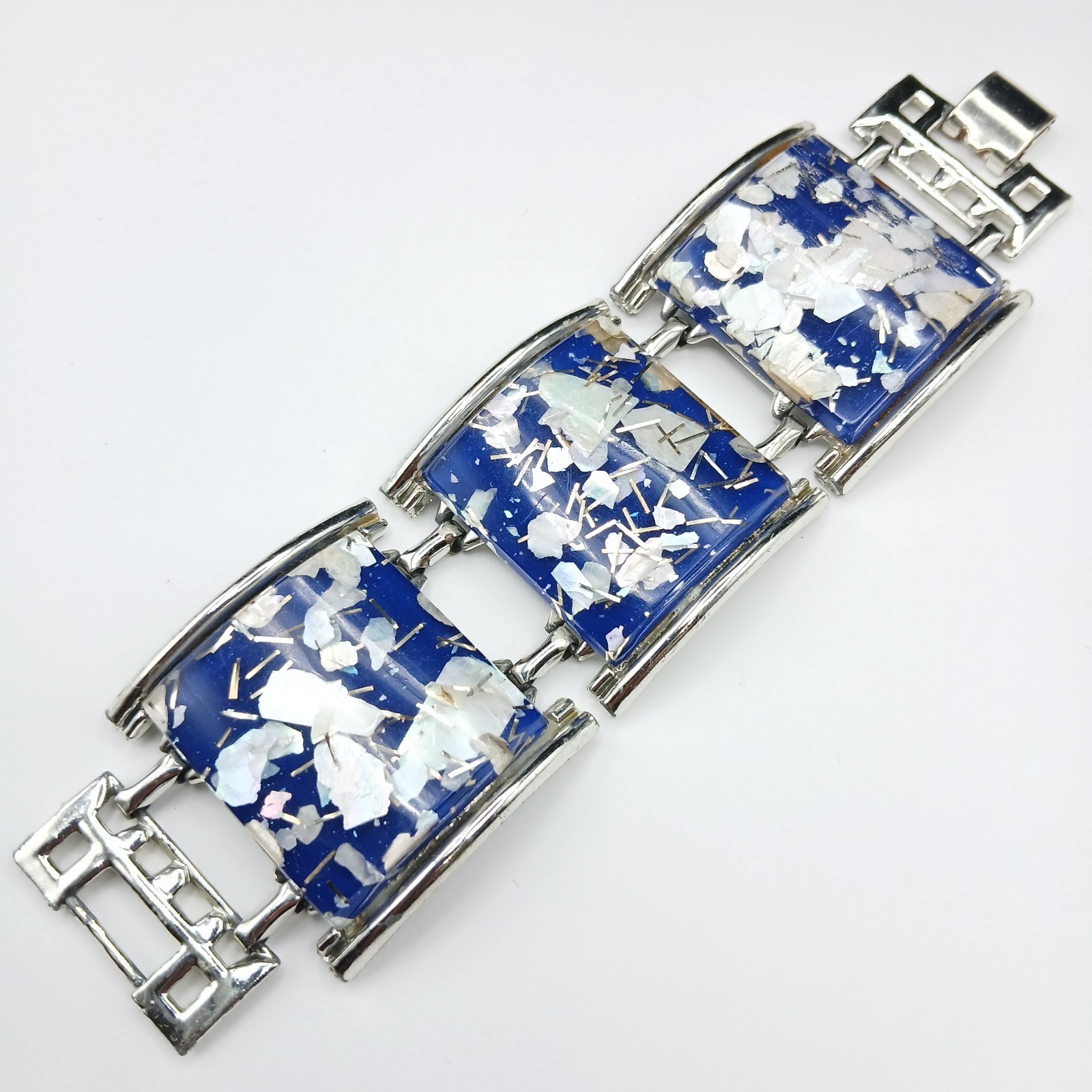 Vintage Lucite Blue White Glitter Confetti Chunky Silver Tone Square Bracelet