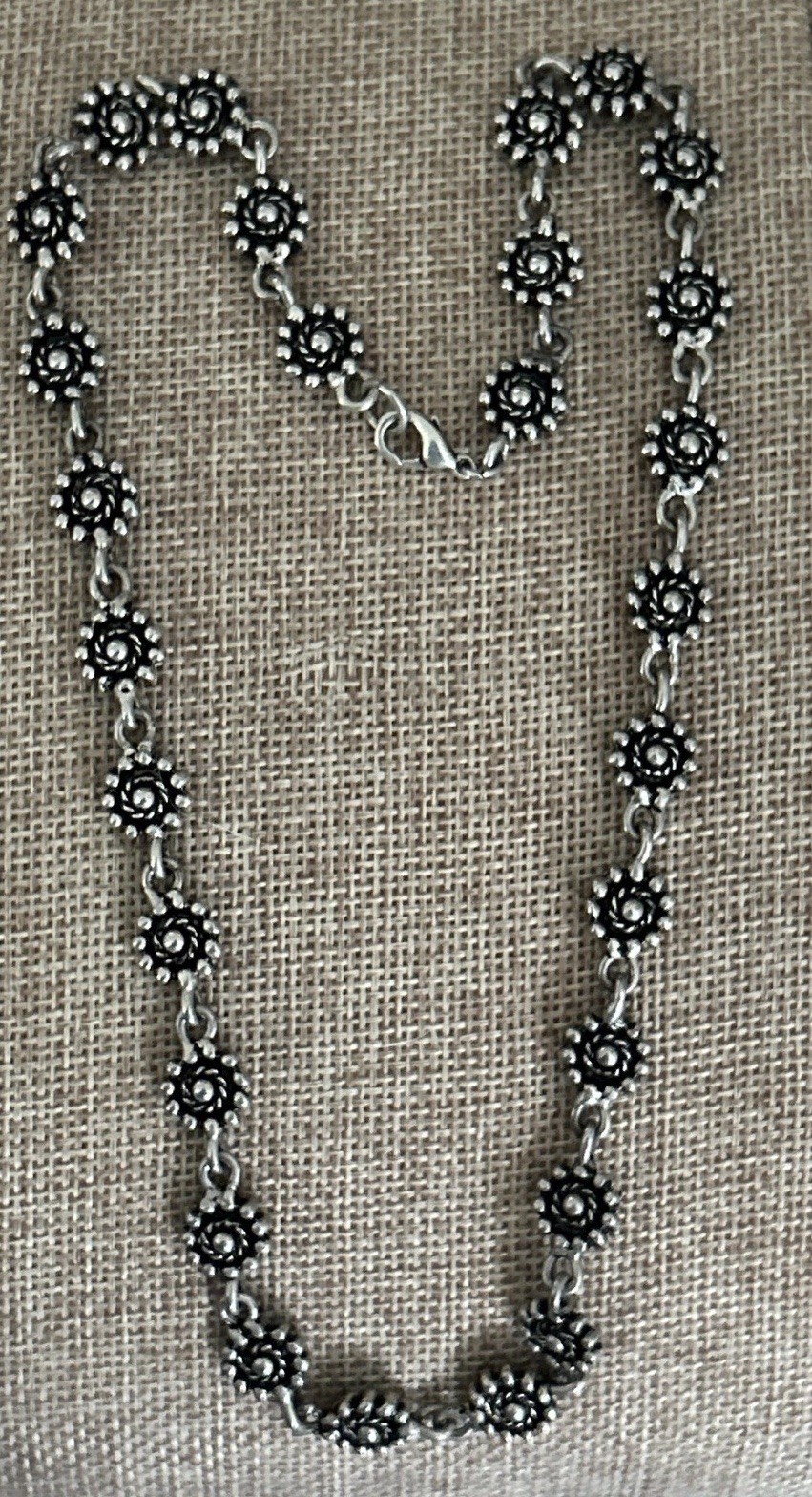 Vintage Boho Sunflower Floral Flower Link Bali Style Silver Necklace Unique 18”