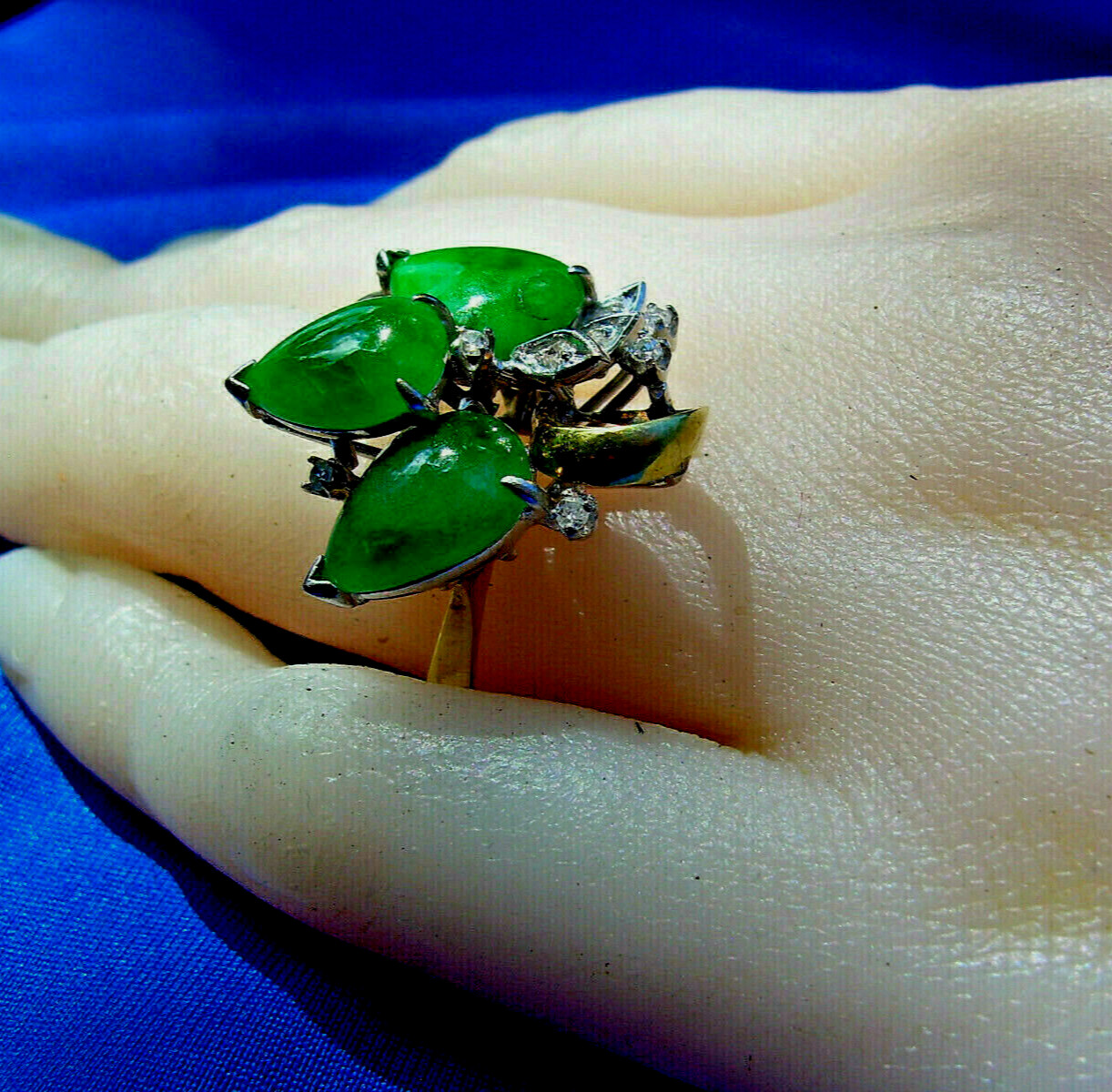 EARTH MINED Jadeite JADE Antique DIAMOND Ring Art Deco SOLID 14K GOLD Statement