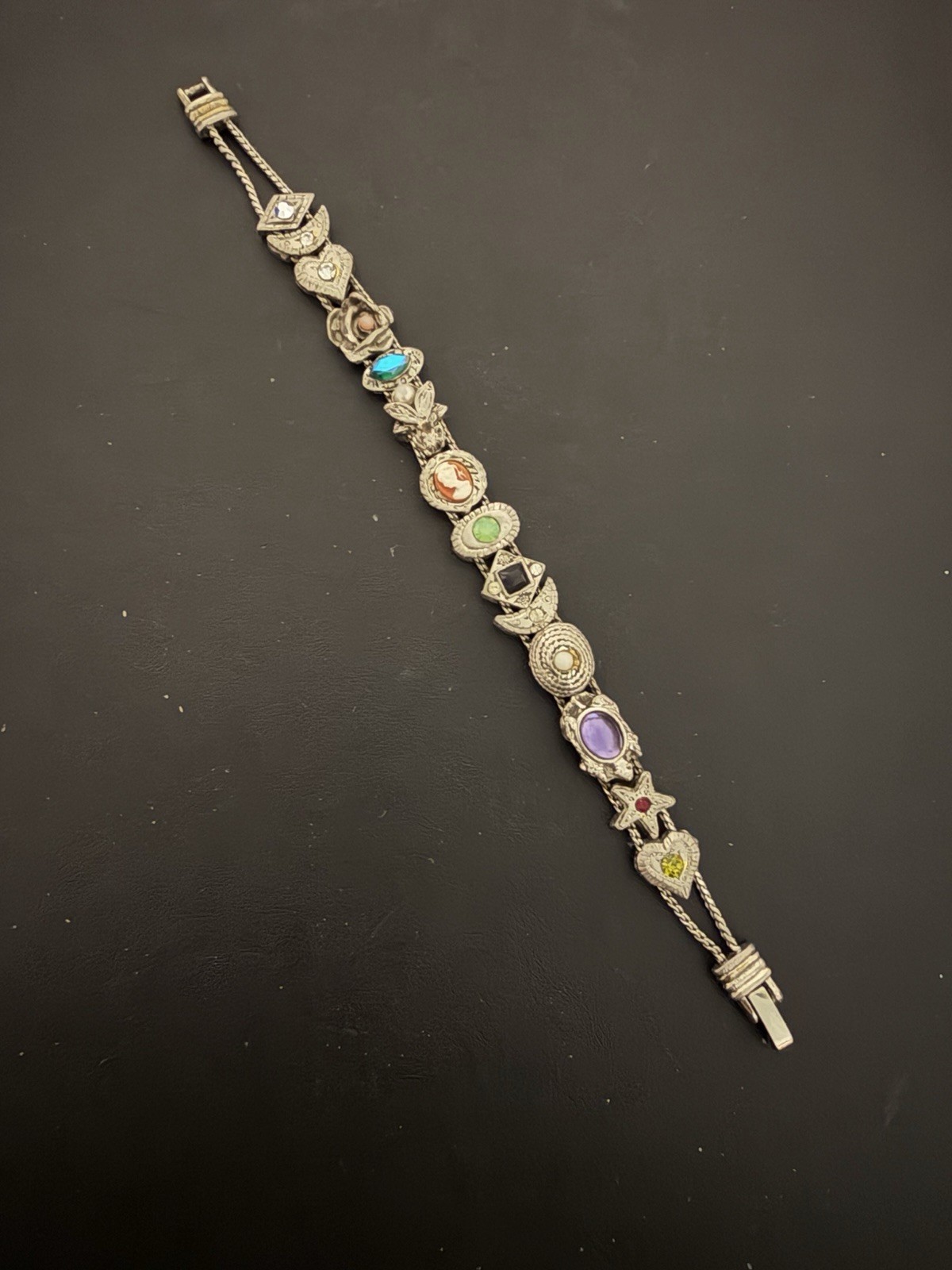 Unsigned Vintage Goldette Silver Tone Victorian Revival Slider Charm Bracelet 7”