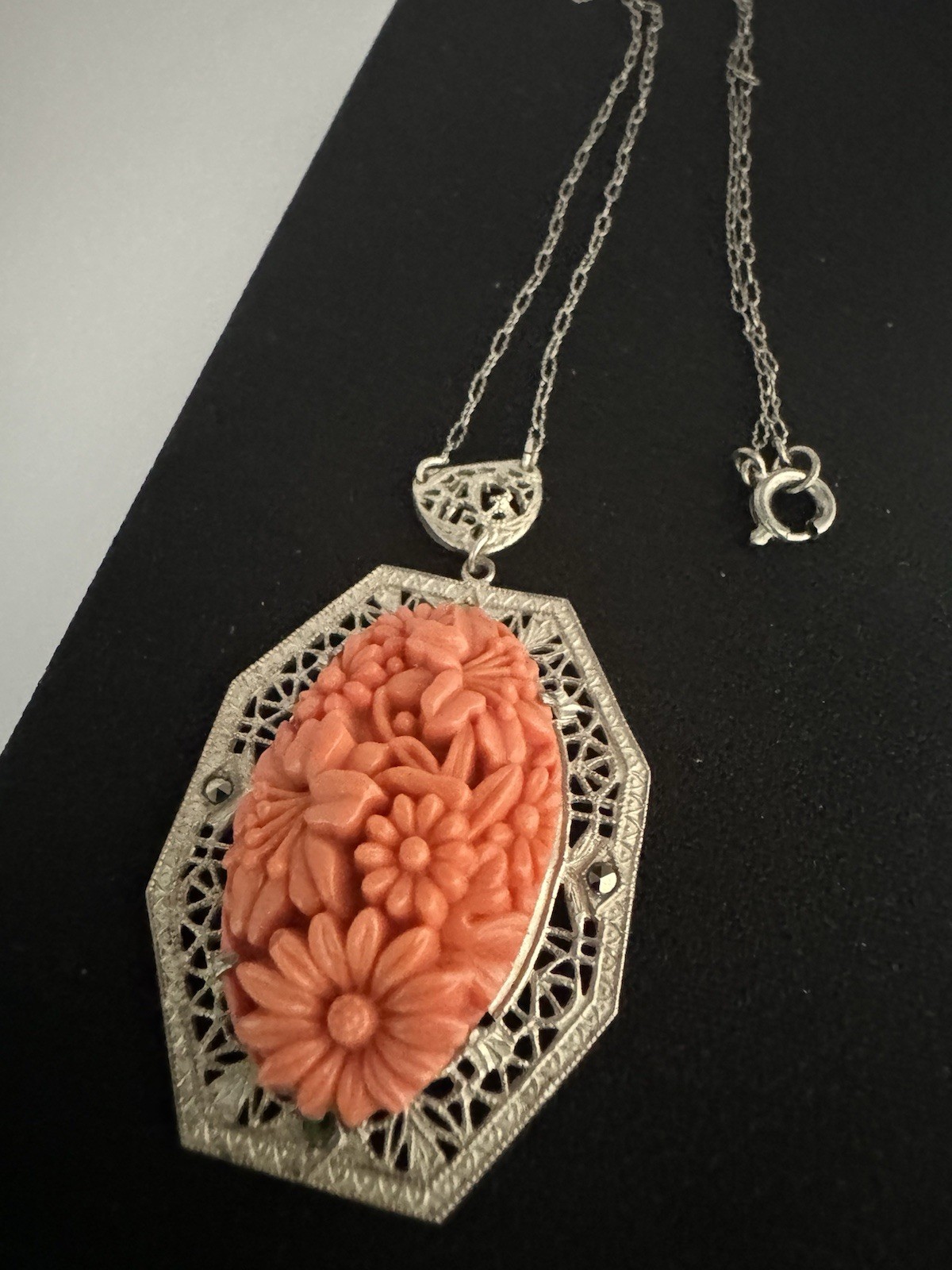 Antiqued ART DECO designed GERMANY faux Coral Carved Filigree Necklace Pendant