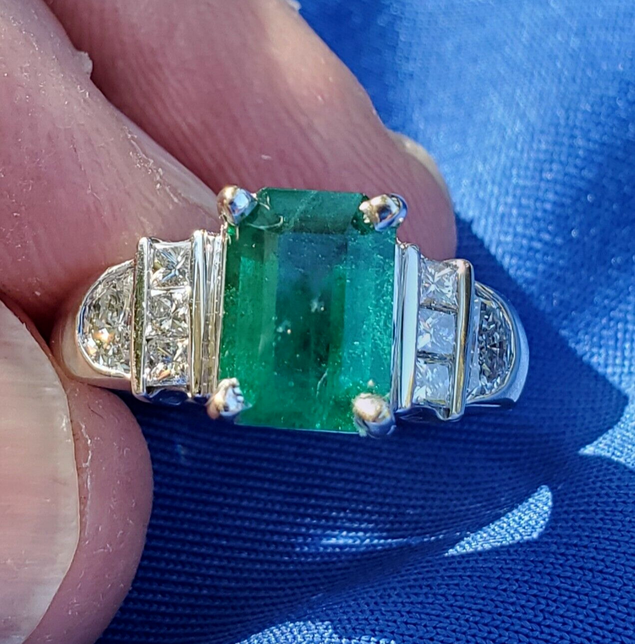 Original EARTH MINED EMERALD DIAMOND Deco Engagement Ring 14K GOLD Solitaire S 7