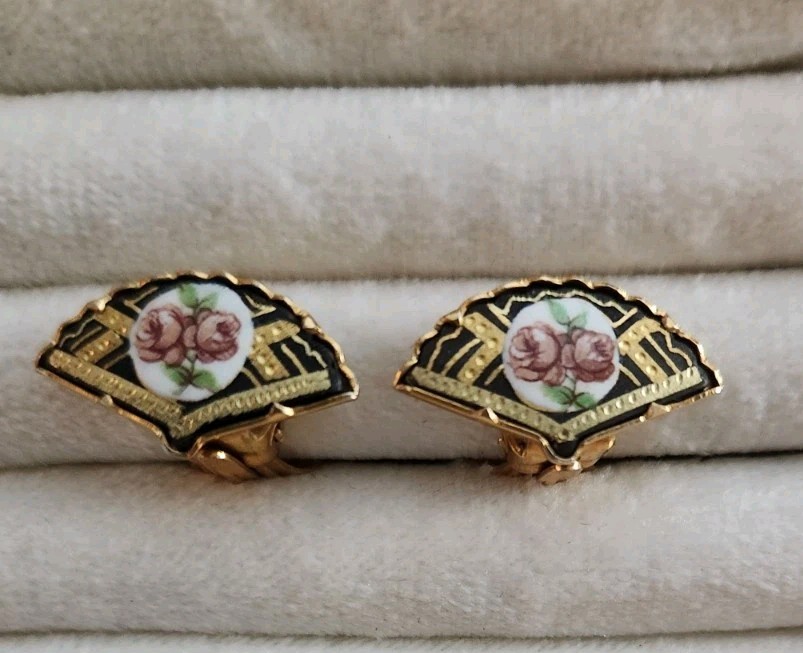 Damascene Gold Toned Clip Earrings With Floral Cameo