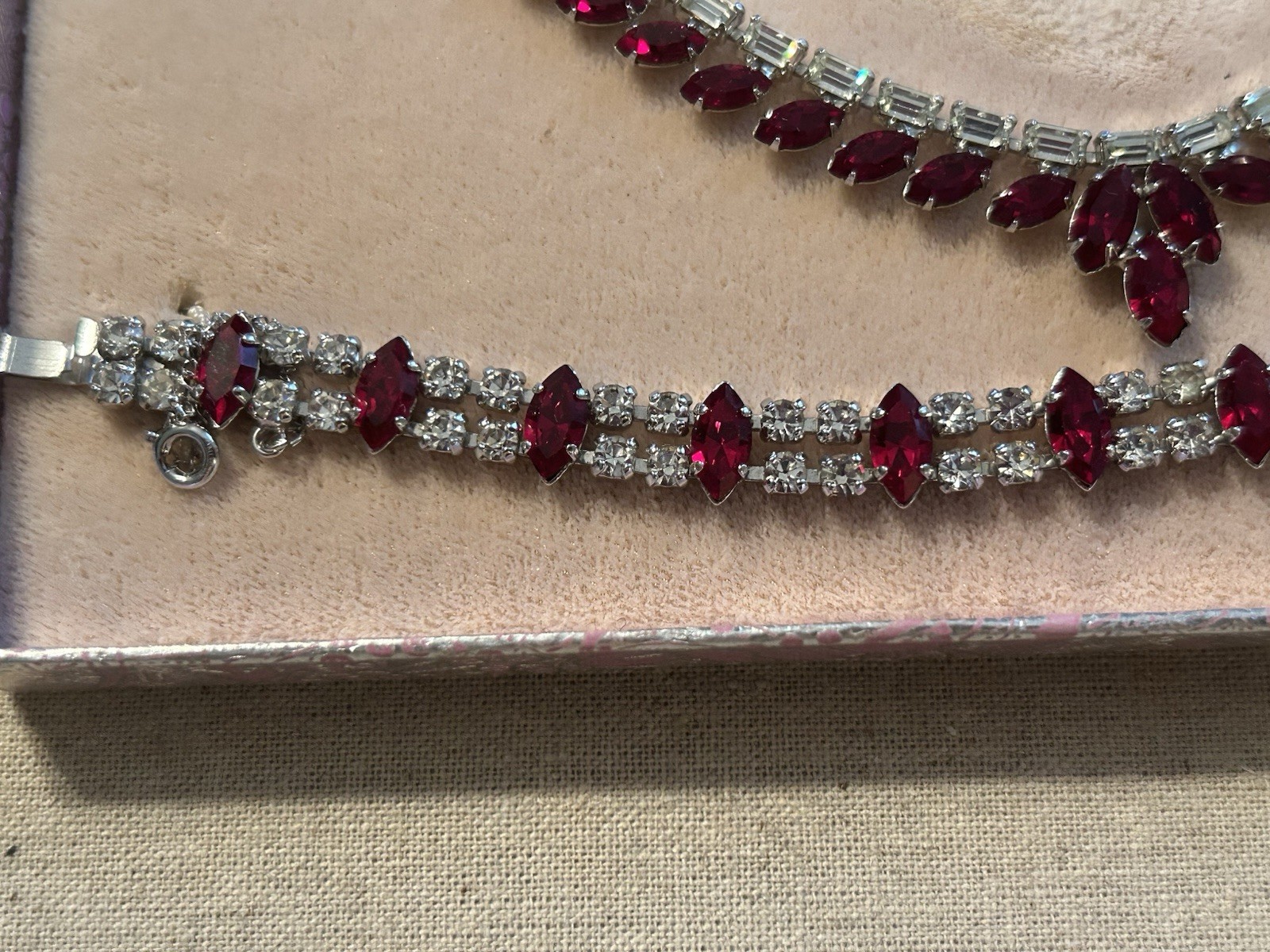 Vintage B David 3pc Red & Clear Rhinestone Necklace Bracelet Clip Earrings