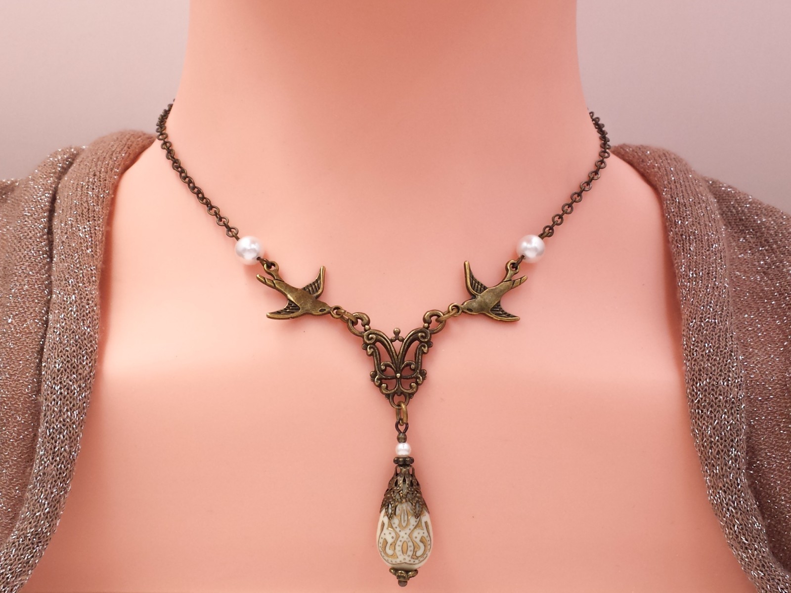 Victorian Necklace- Cream Acrylic Bead Simulated Crystal Pearl Antiqued Bird