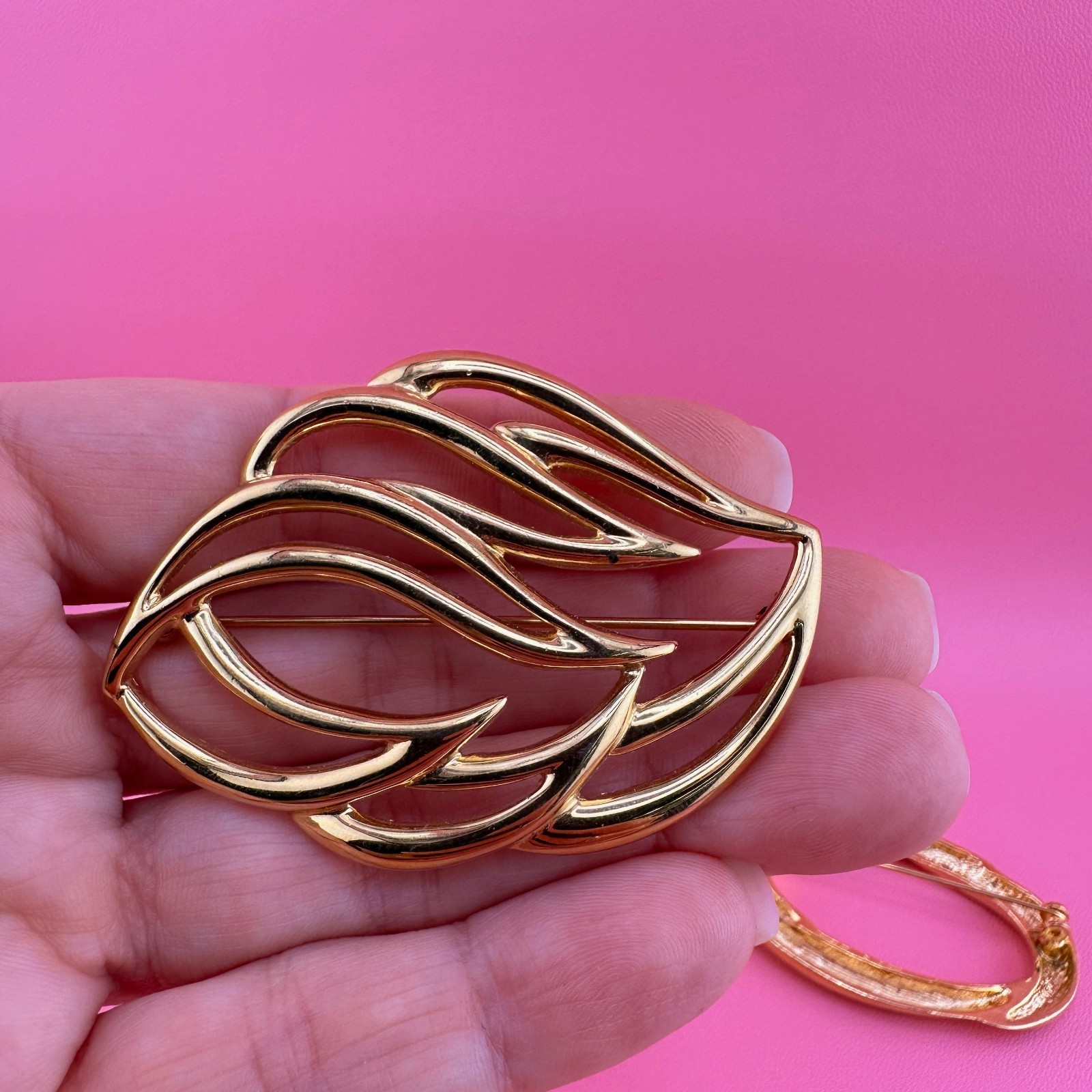 Vintage Brooch Lot Shiny Gold Tone 1990s Open Work Metal Oval Leaf Monet 1990s