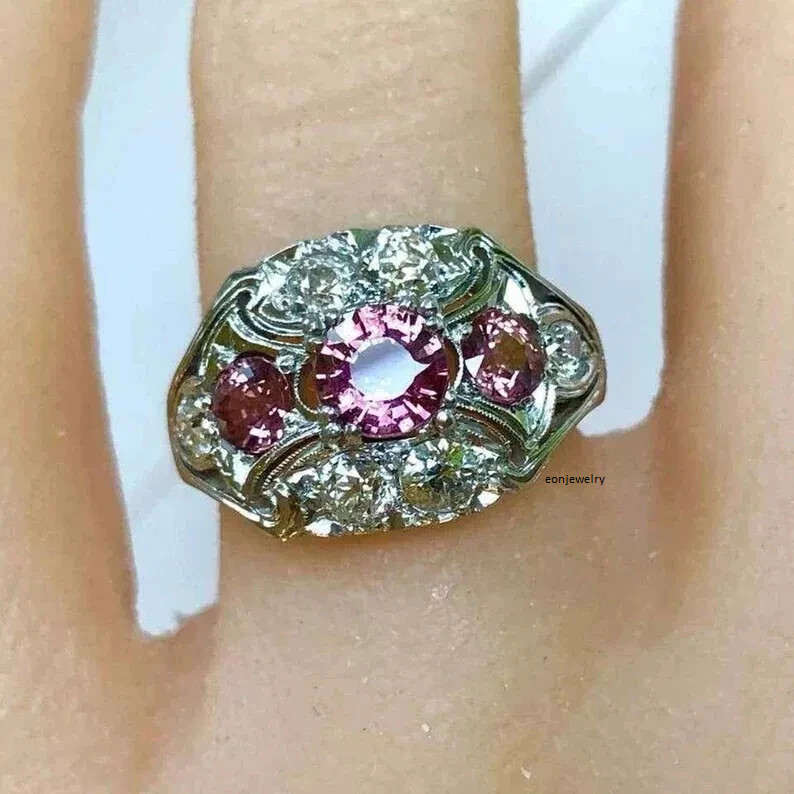 14K Gold FN Antique Art Deco Round Cut Ruby & Lab Created Diamond Wedding Ring