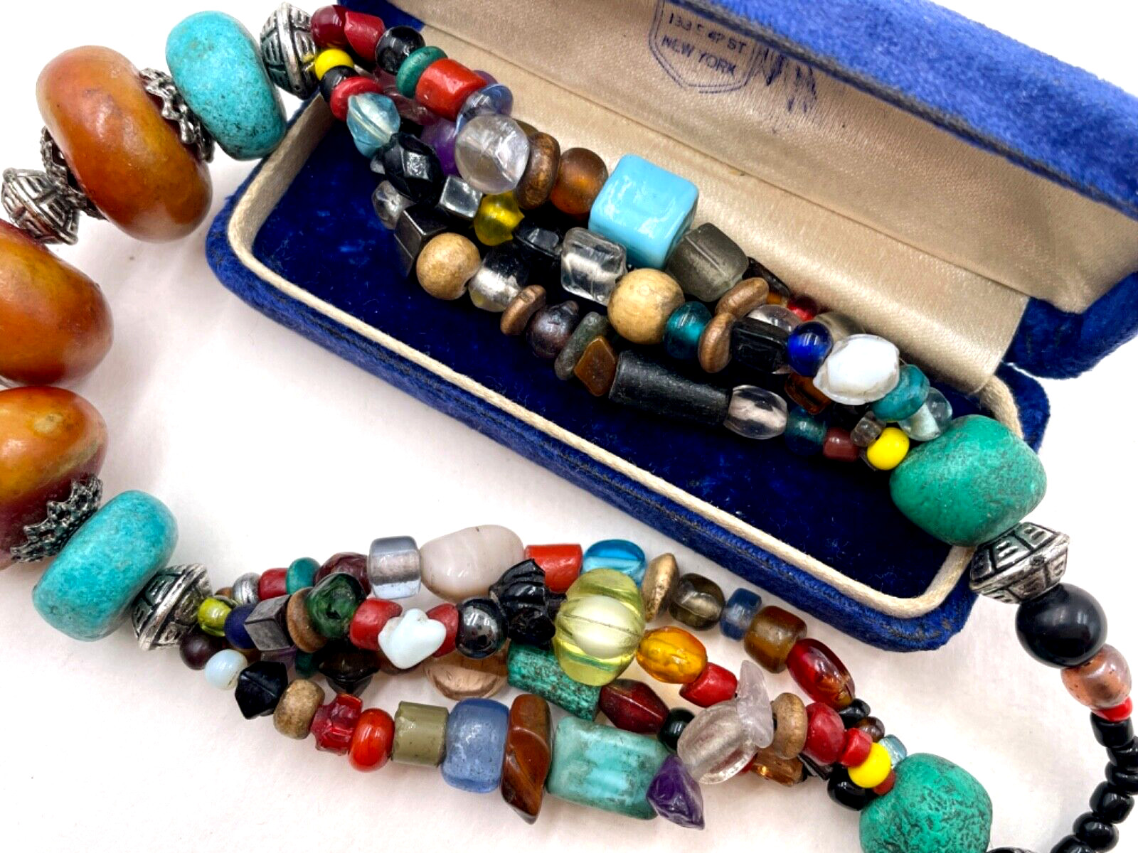 ETHNIC AFRICAN AMBER TRIBAL BERBER NECKLACE HAND-MADE GLASS BEADS BRONZE METAL R