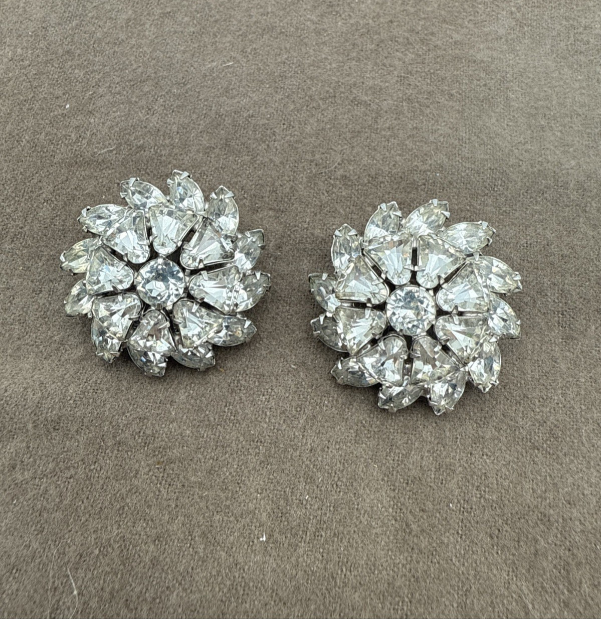 Vintage Clear Rhinestone Tiered Clip On Earrings Silver Tone