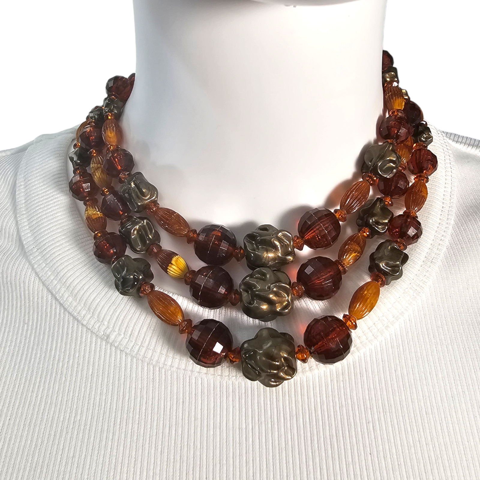 VTG 3-Strand Amber Color Bronze Bead Necklace Lucite & Glass Jewelry 14″