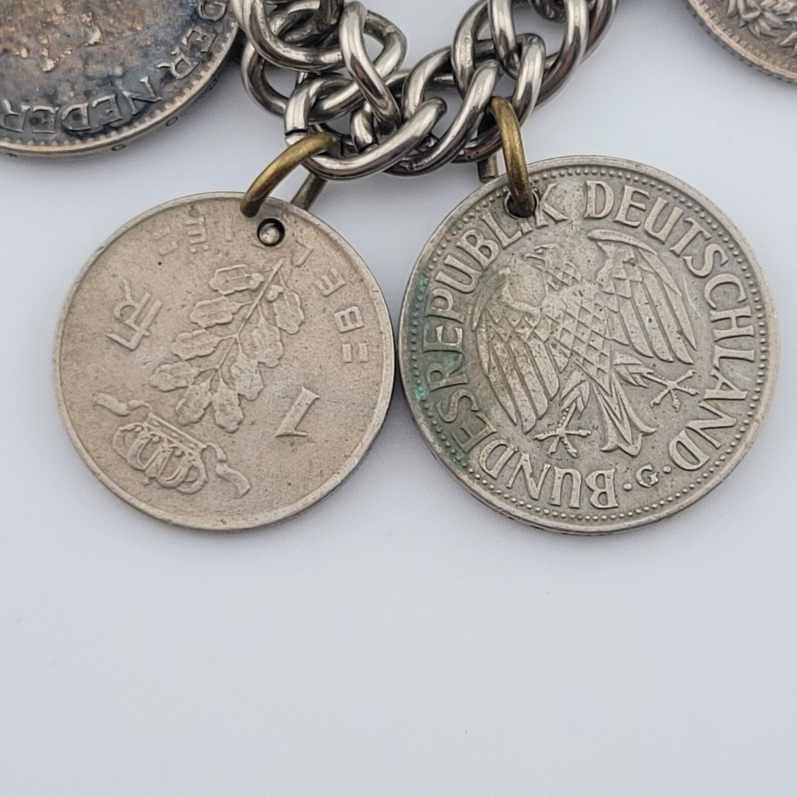 Vintage Coins From Around the World Charm Bracelet Souvenir 1924 to 1956 7.5″