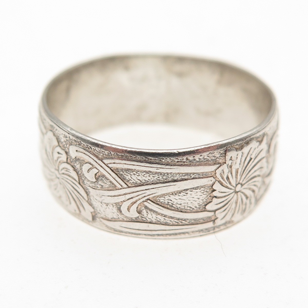 925 Sterling Silver Antique Art Deco Floral Oxidized Band Ring Size 7.25