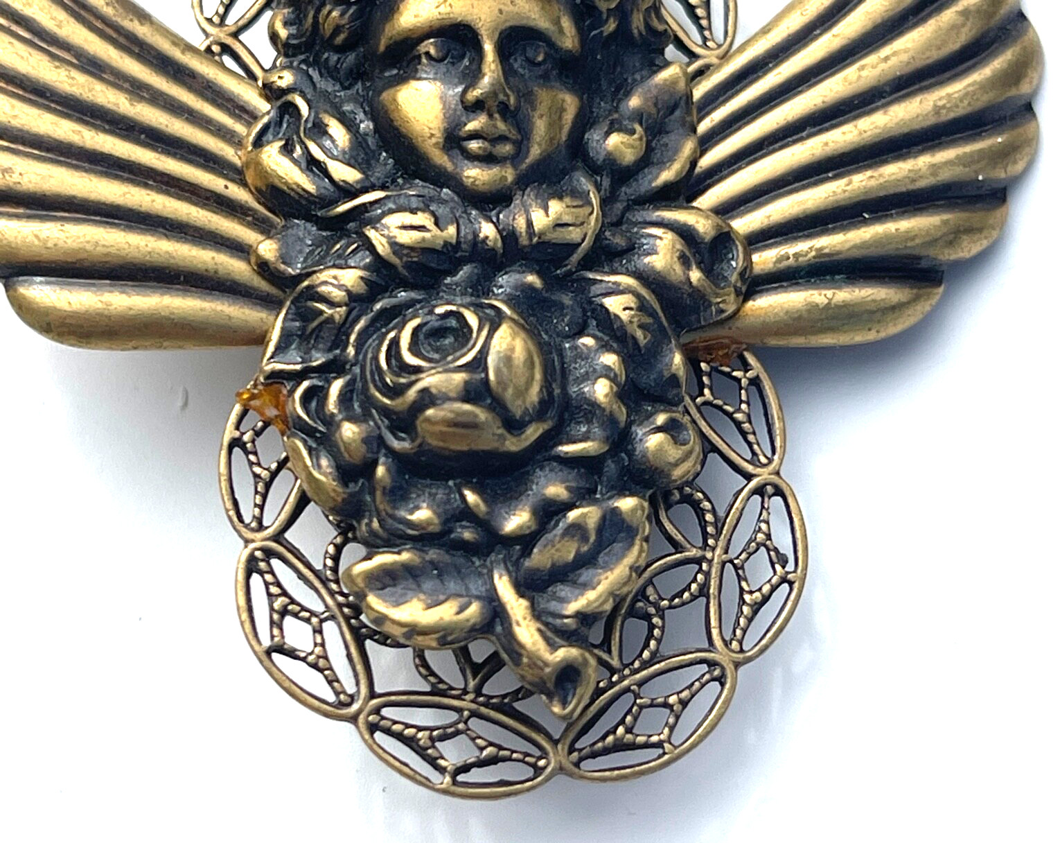 VTG Christmas Angel Brooch Rose Filigree Wings Cabochon Antique Gold Tone Pin