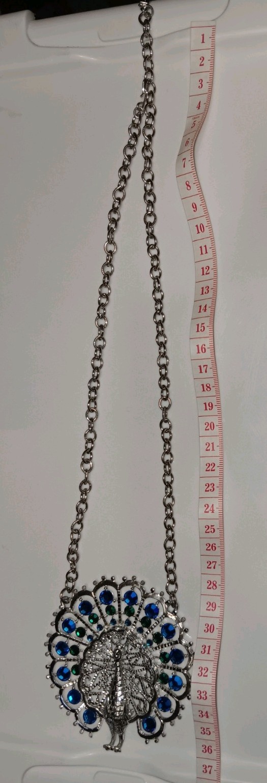 Large Vintage Silver Tone Rhinestone Peacock Necklace