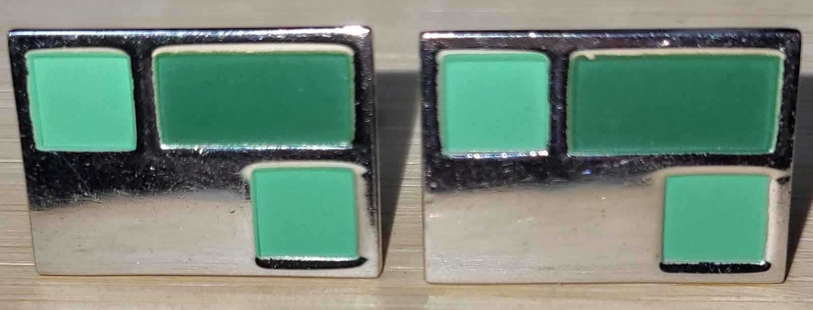 SPEIDEL Silvertone & Green Modernist Cufflinks 7/8″ Wide Very Good Condition