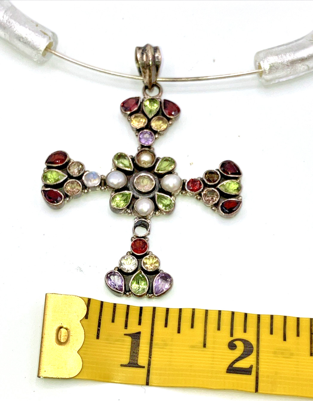 Vintage Sterling Gemstone Maltese Cross On Wire Choker Necklace Byzantine
