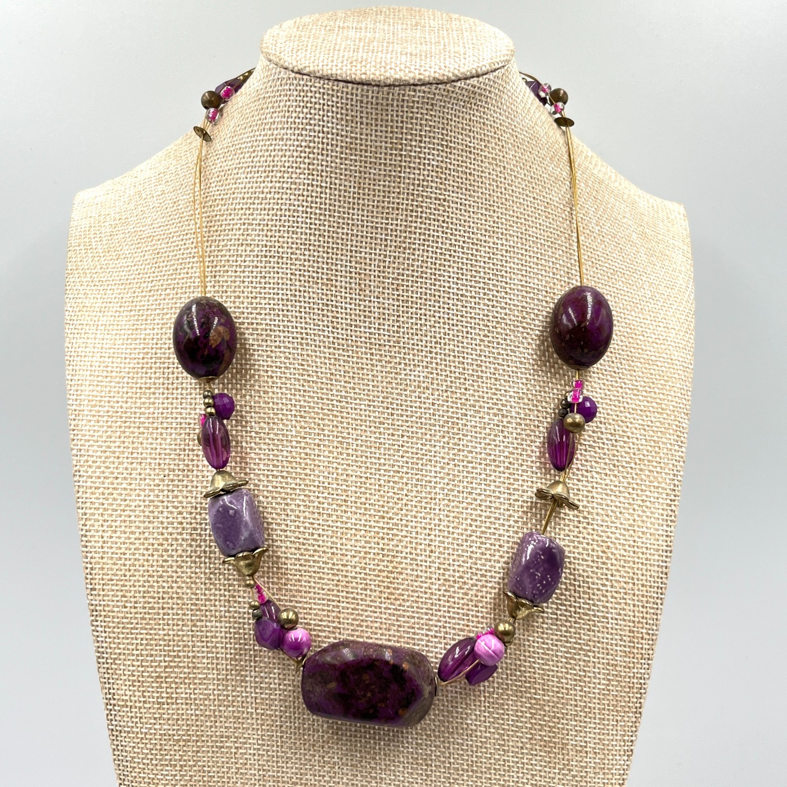 Vintage Style Purple Beaded Illusion Necklace Bronze Tone Boho Statement Fashion