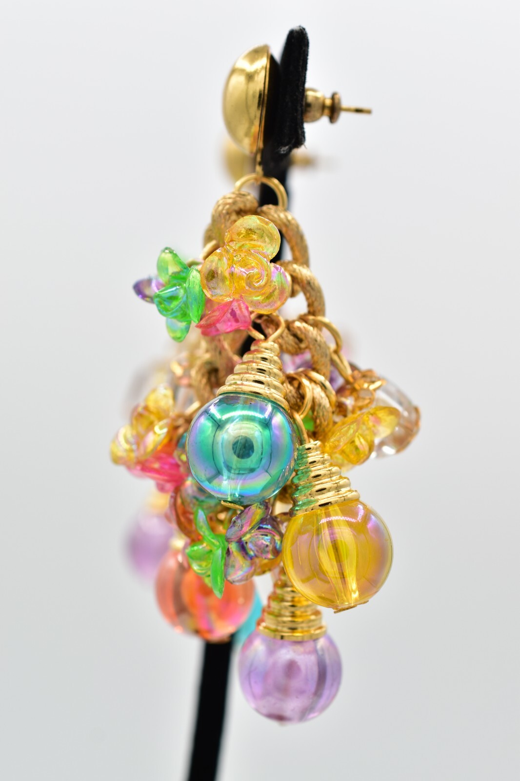 Vintage Ornament Beaded Dangle Earrings Chain Multi-Color Lucite Chunky NOS A28