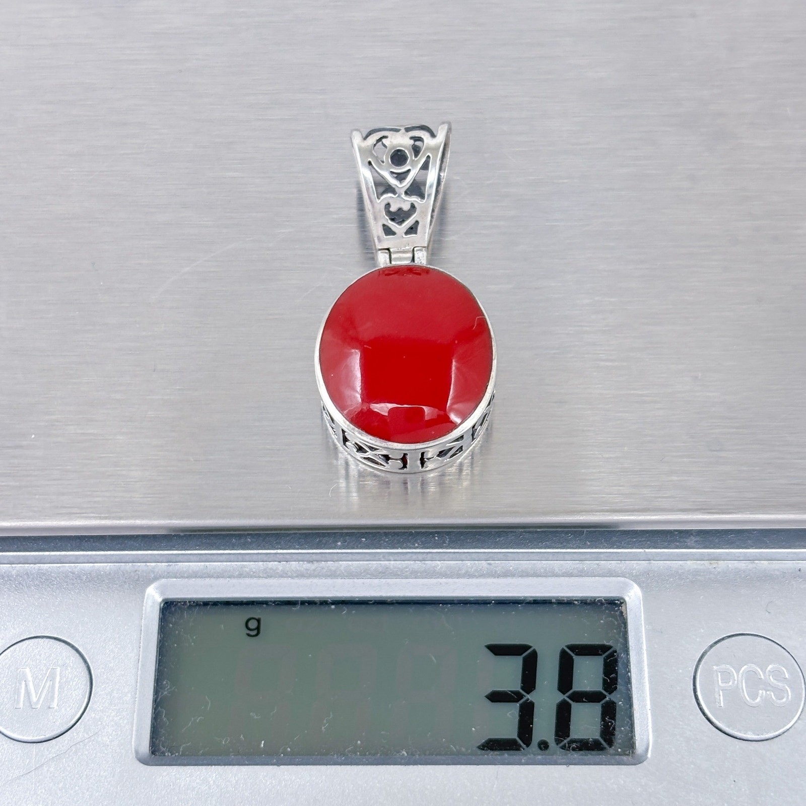 Oval Red Enamel Scroll Hinge Pendant | Vintage Sterling Silver 925