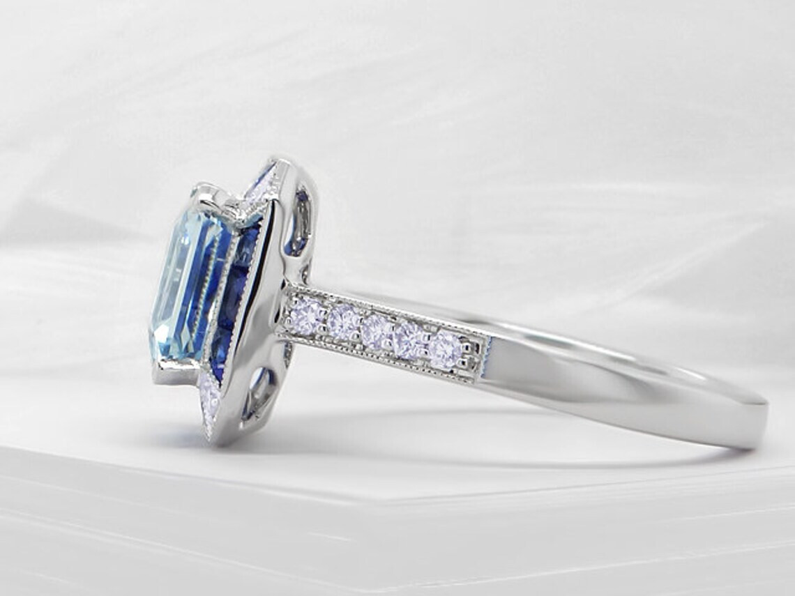 3Ctw Fancy Light Blue Asscher Cut Retro Style Engagement Wedding Ring 925 Silver
