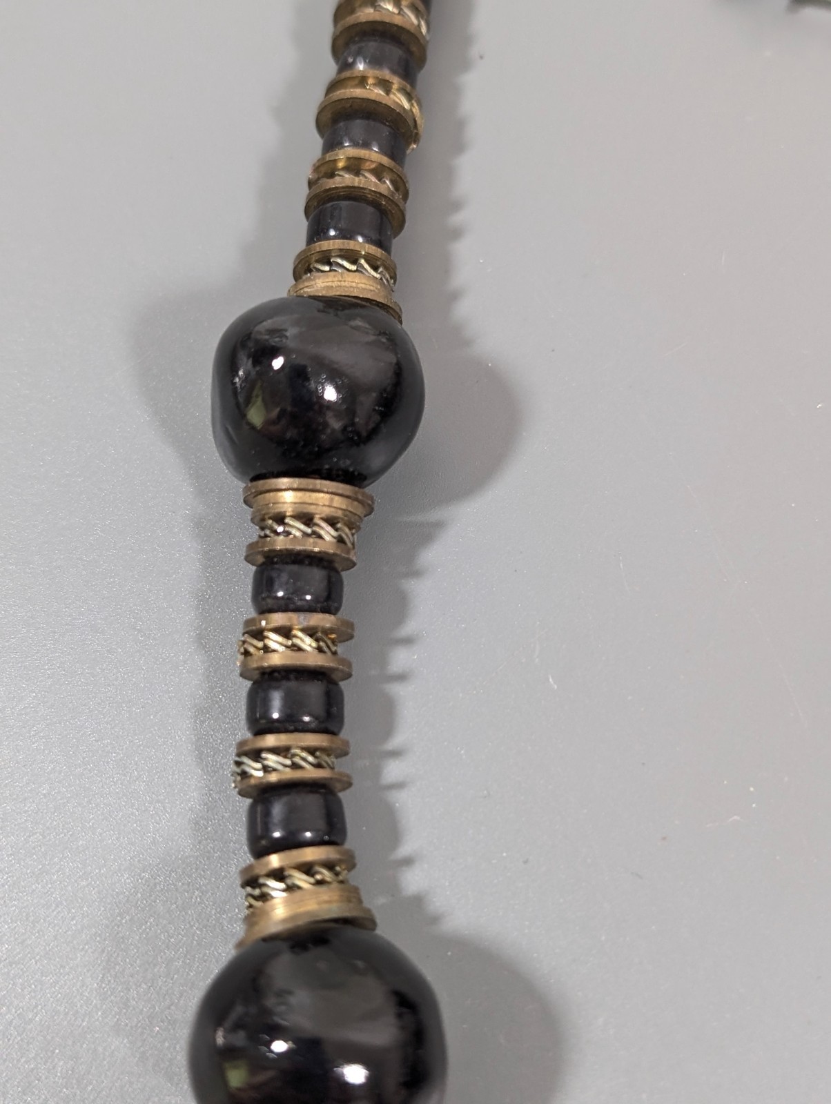 Vintage Black Ceramic Necklace Chunky Beads Bronze Tone Statement Tribal 25 in