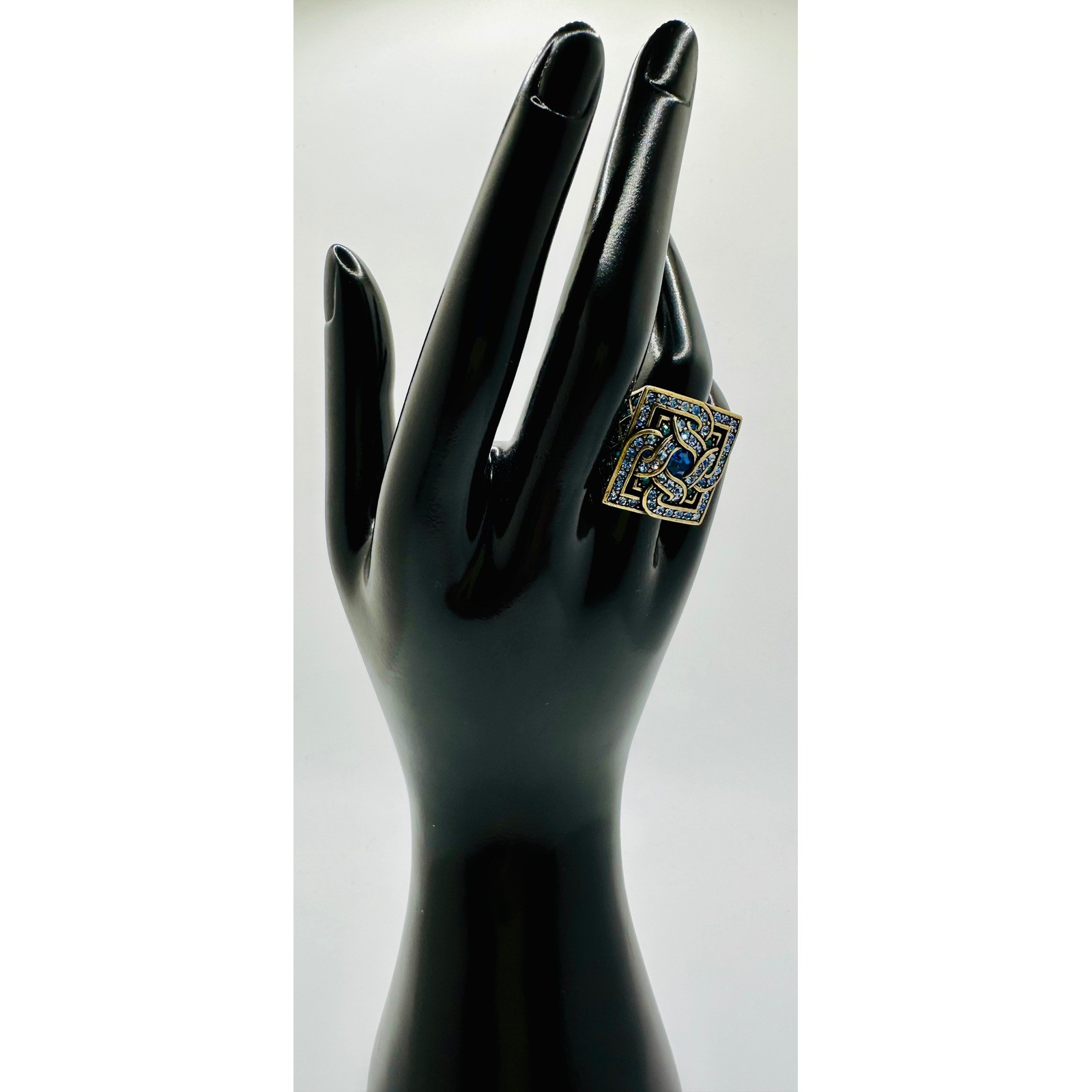 Rare LA Vintage Blue Crystal Celtic Square Statement Ring Gold Tone Size 6