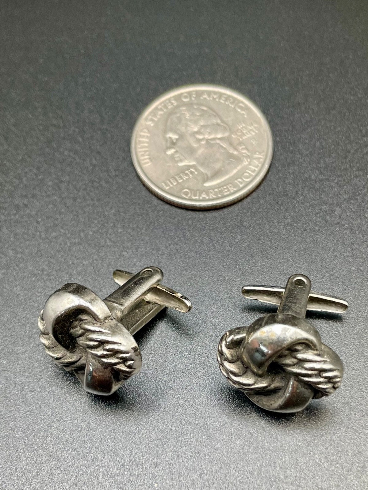 Vintage 1940s Silver Tone Rope Love Knot Early Wing T-Bar Deco Retro Cufflinks