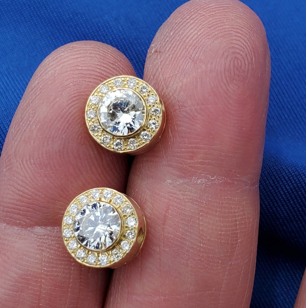 Original EARTH MINED DIAMOND Deco Bezel set Halo Studs Earrings SOLID 18K GOLD