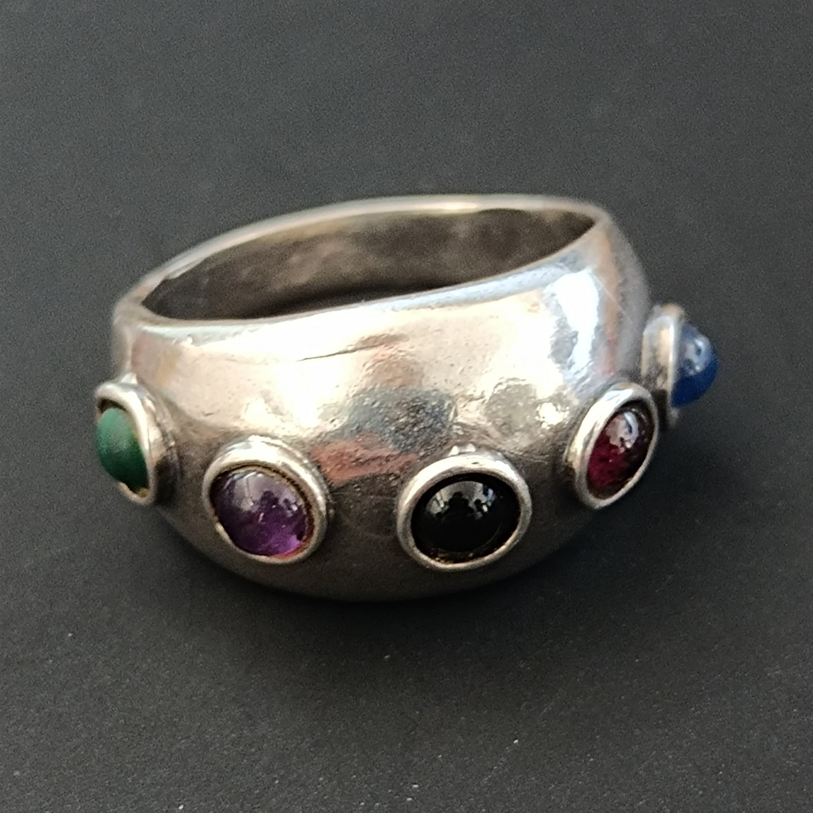Modernist Gemstone Dome Ring Sterling Silver Cabochon Band Boho Israeli Artisan