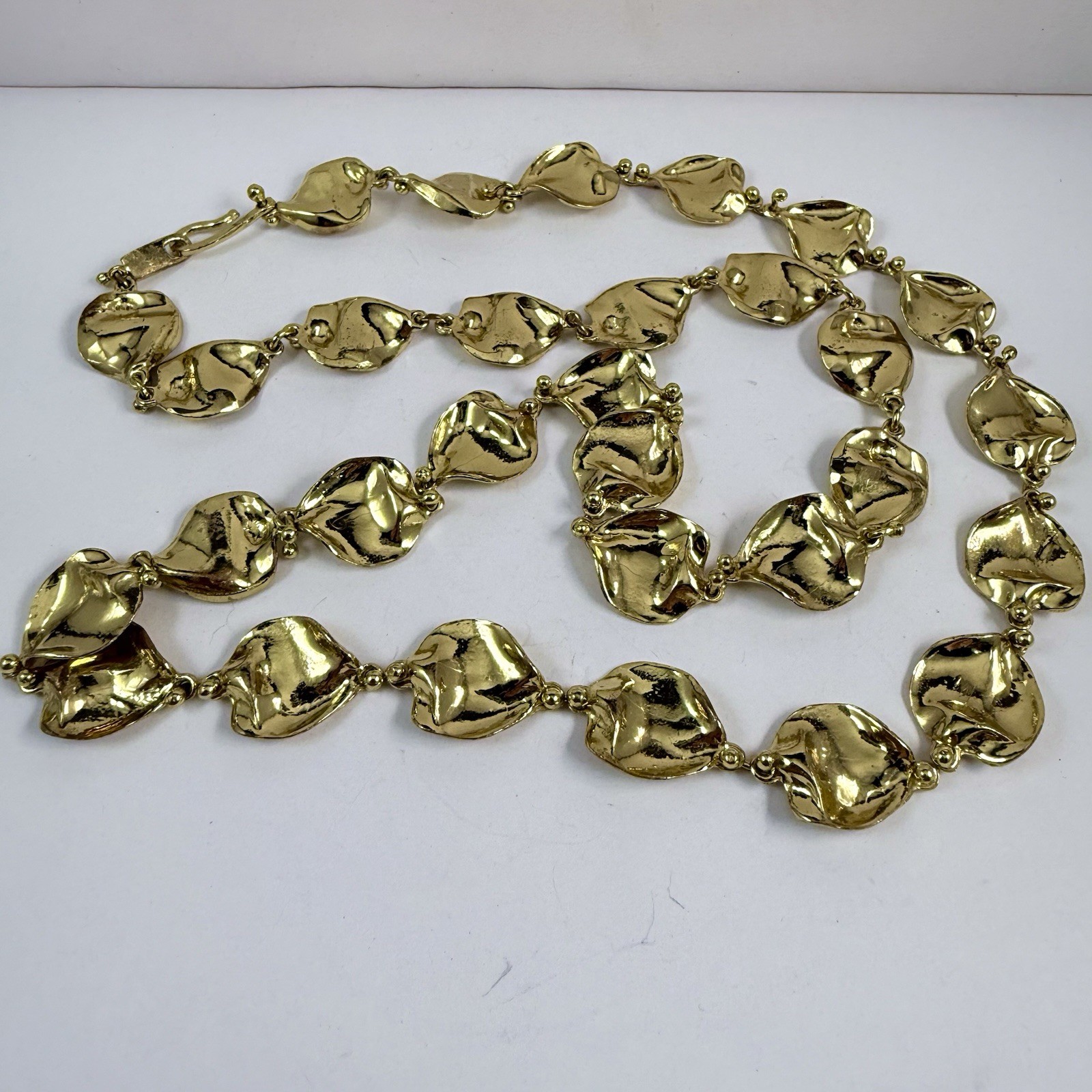 Vintage Anne Dick Signed Beautiful Brutalist Necklace Gold Tone 26”