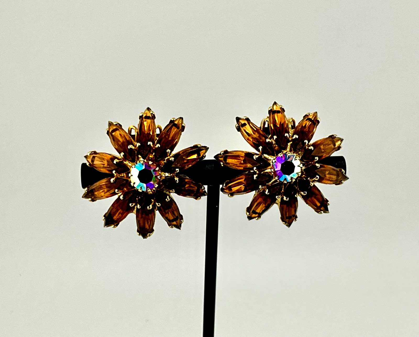 Vintage Mid Century Juliana Clip-On Earrings Navette Domed Amber AB Crystal