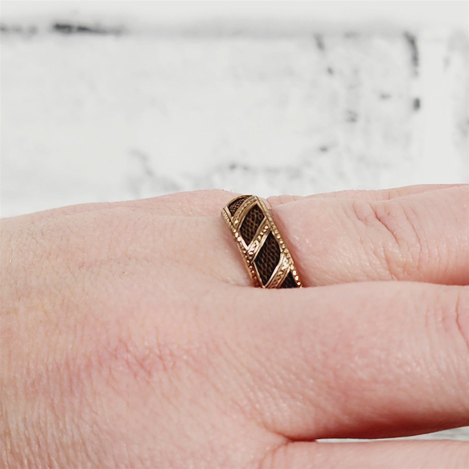 Victorian 10K Yellow Gold Hair 6.4mm Etched Band Ring 8.75 Antique Mourning