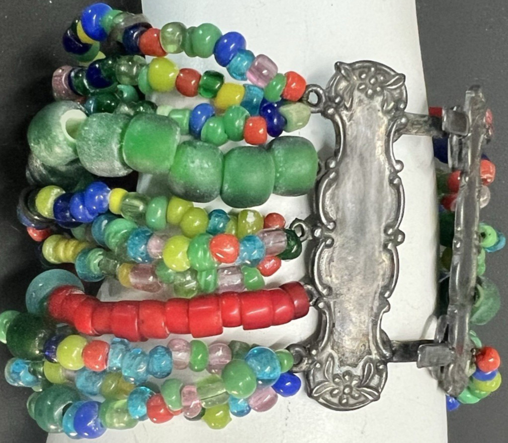 T. FOREE African Trade Multi Strand Glass Beaded Bracelet Sterling Silver 7.5″