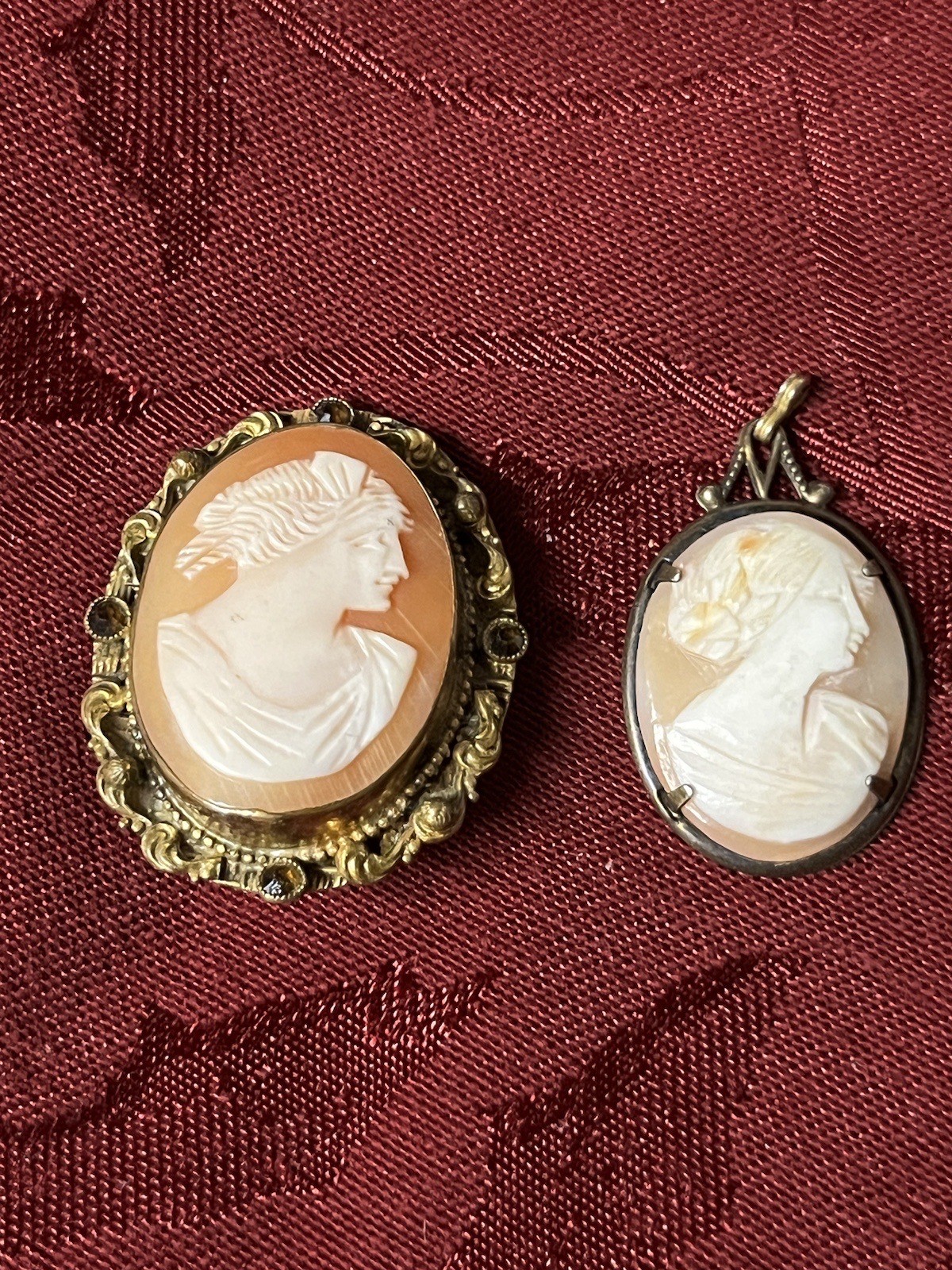 2 Antique Shell Cameo Brooches Pins One Is Ornate & Bejeweled