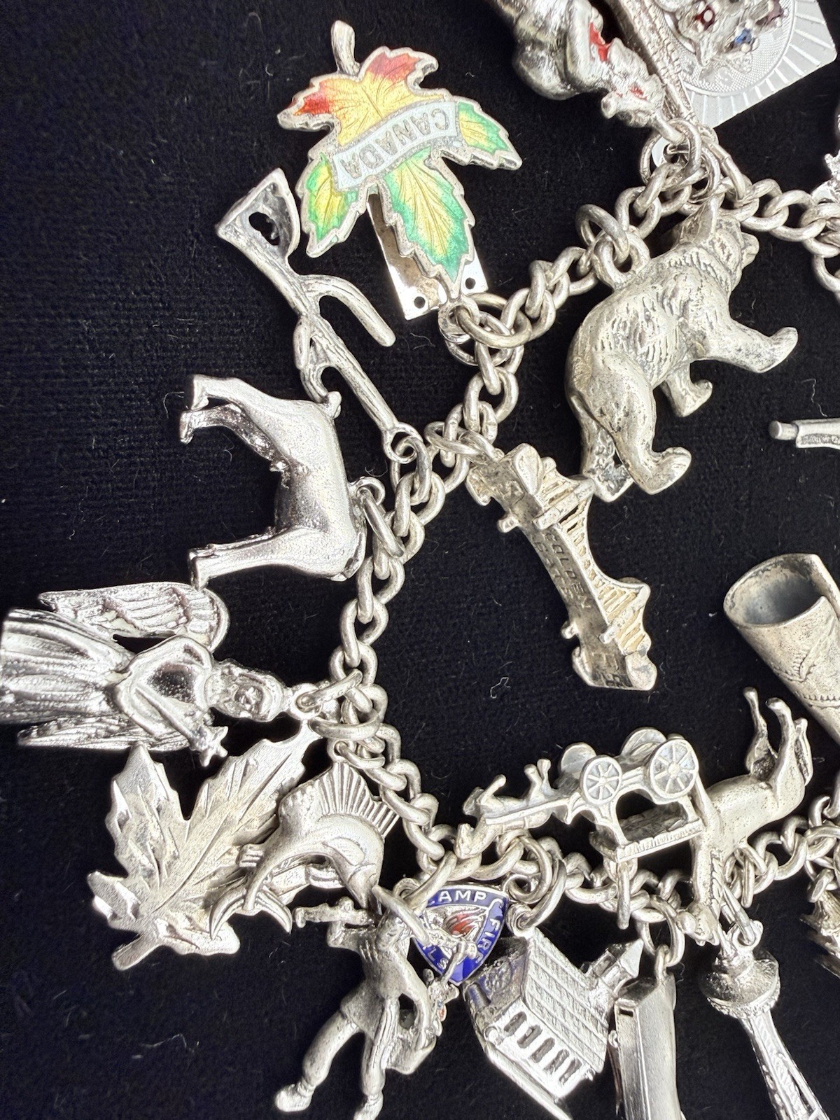 Vintage Sterling Silver 25 Charm Chunky Bracelet Some Mechanical 1960’s MCM 80gr
