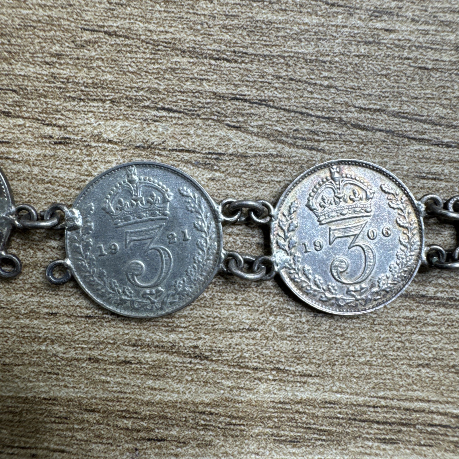 Antique British 3 Pence Sterling Silver 8 Coin Bracelet 1906 – 1921 King George