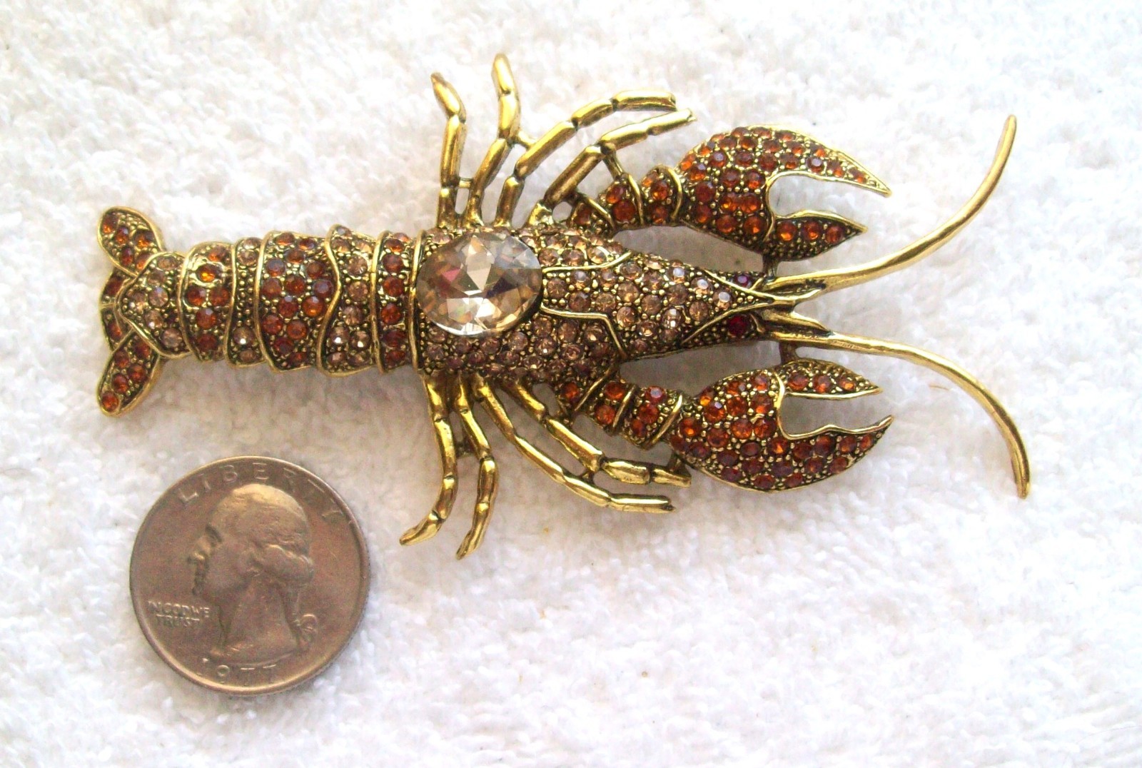 Vintage Large Lt. & Dark Amber Rhinestone Lobster 3.75″ Pin or Brooch