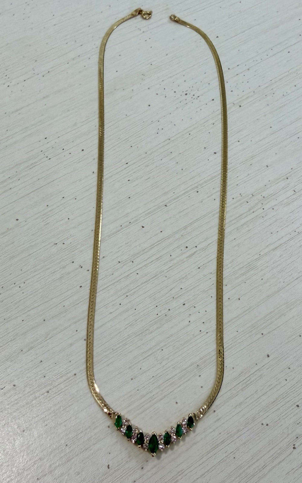 Vintage 14kt Y/Gold Marquise Emerald & Diamond Chevron Necklace 16″, 6.9 grams