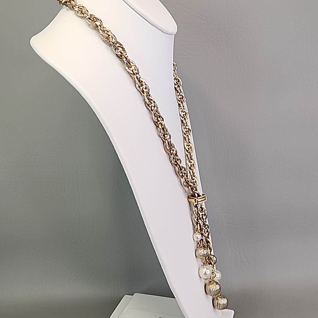 Vintage Slider Rope Necklace Tassel Faux Pearls Ribbed Ball Beads Chunky 28″