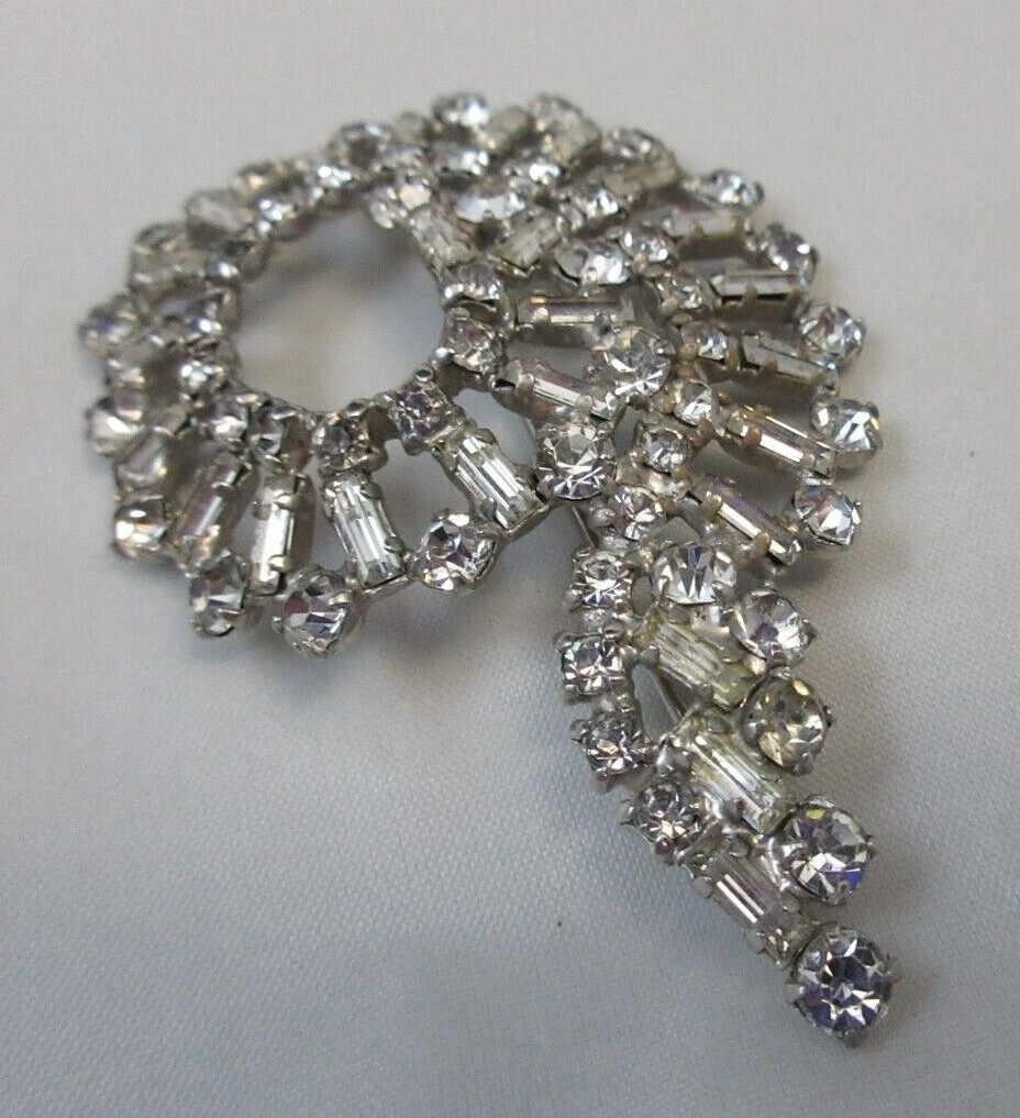 High End Prong Set Clear Rhinestone Brooch w/Baguette Stones Silver Tone Swirly