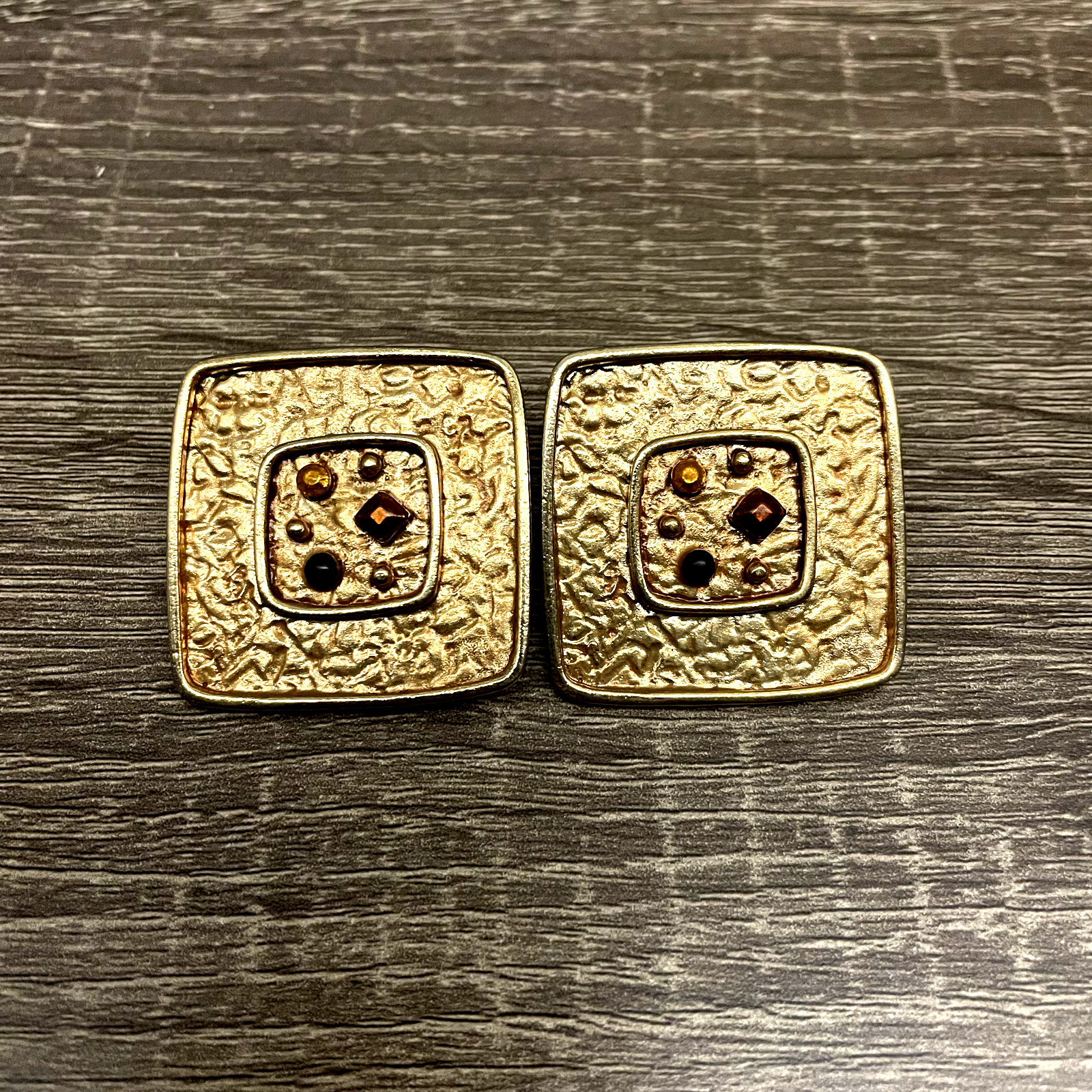 Vintage Etruscan Byzantine Textured Gold Tone & Crystal Clip On Earrings