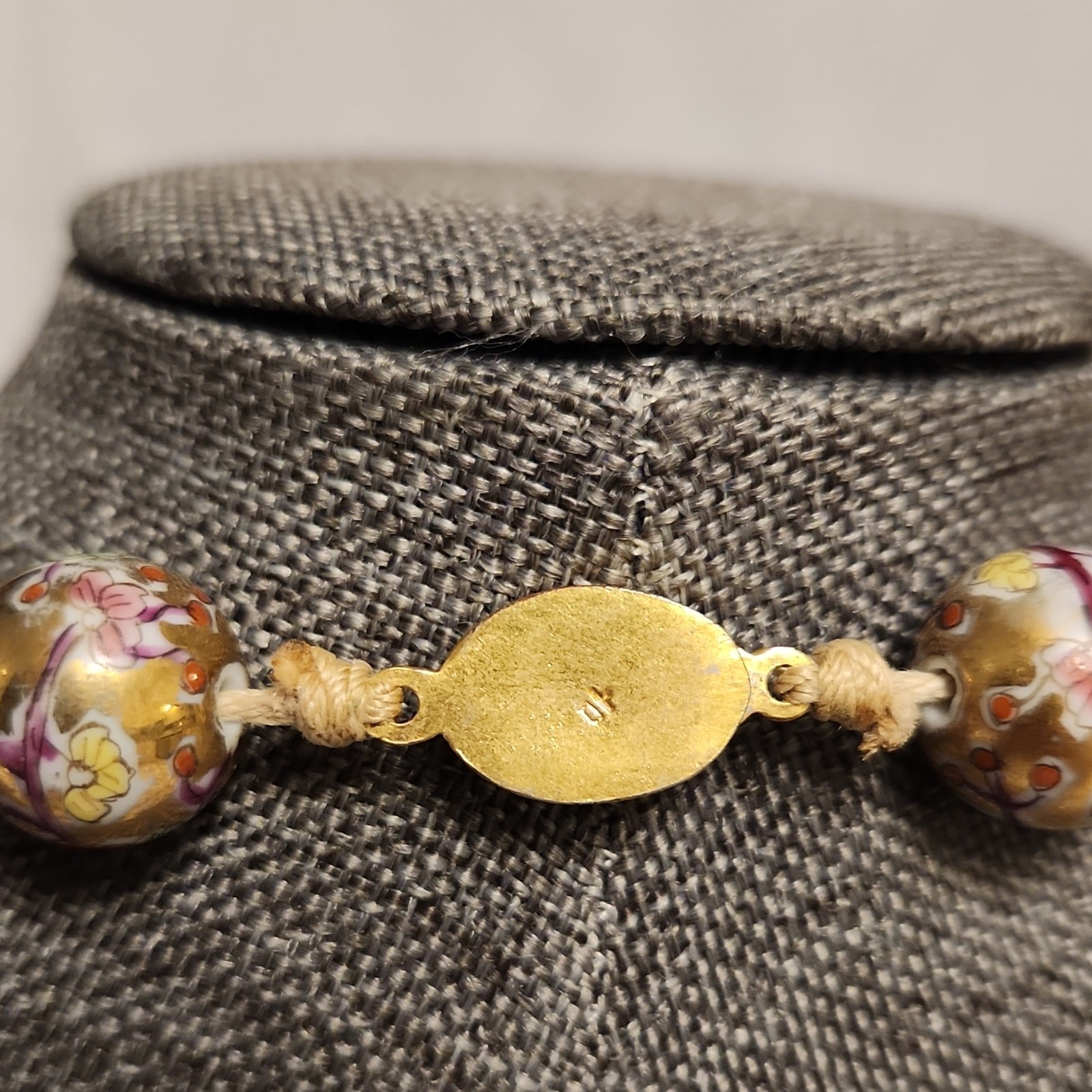 Vintage Chinese Cloisonné Bead Necklace – Pink & Blue Floral on Gold – 26″ L