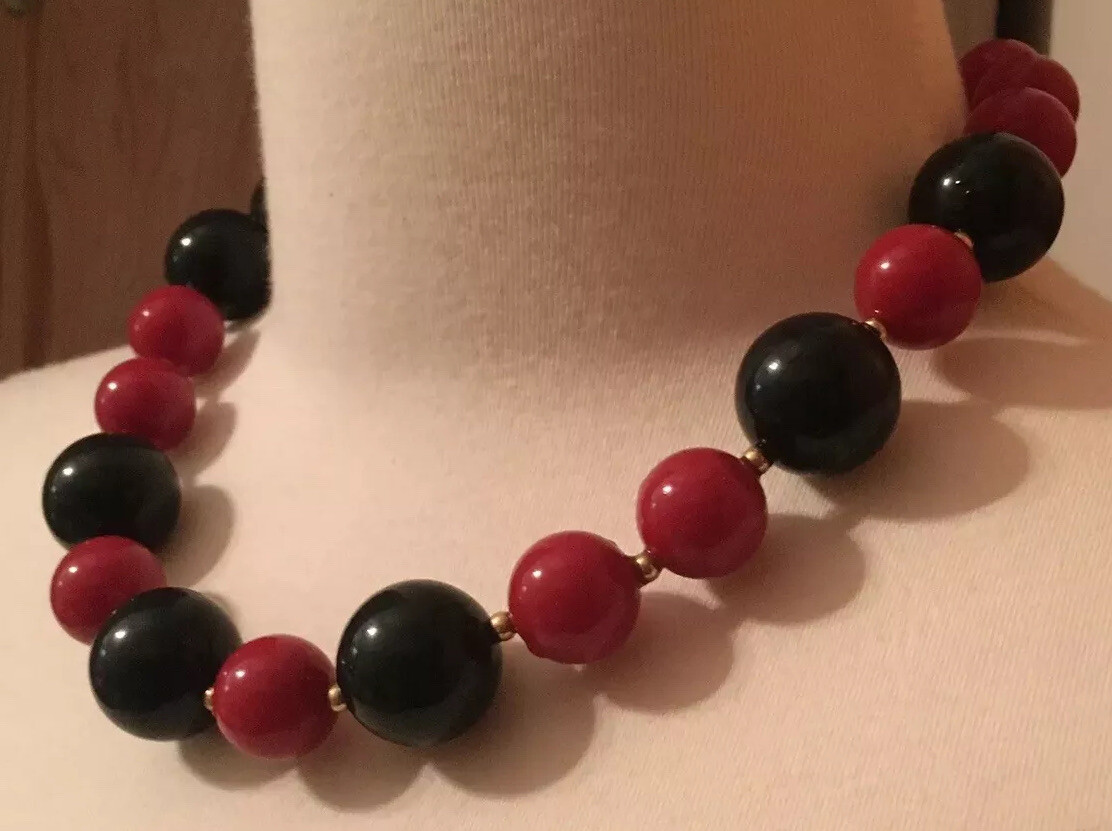 Designer Vintage Monet Necklace 19” Round Beads Red Black Gold-Tone Signed MCM